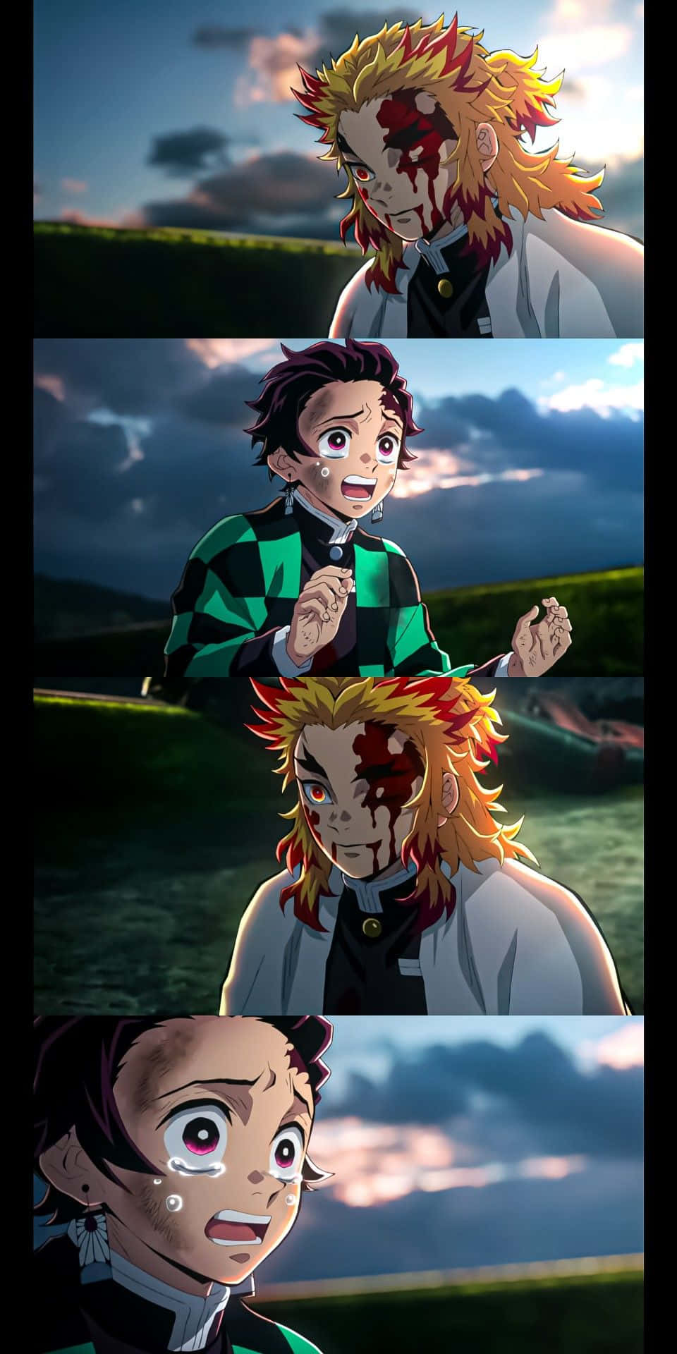 Rengoku And Tanjiro 桌布 壁紙 — 三個動漫角色，滿臉鮮血，表情震驚，背景是暮色天空。