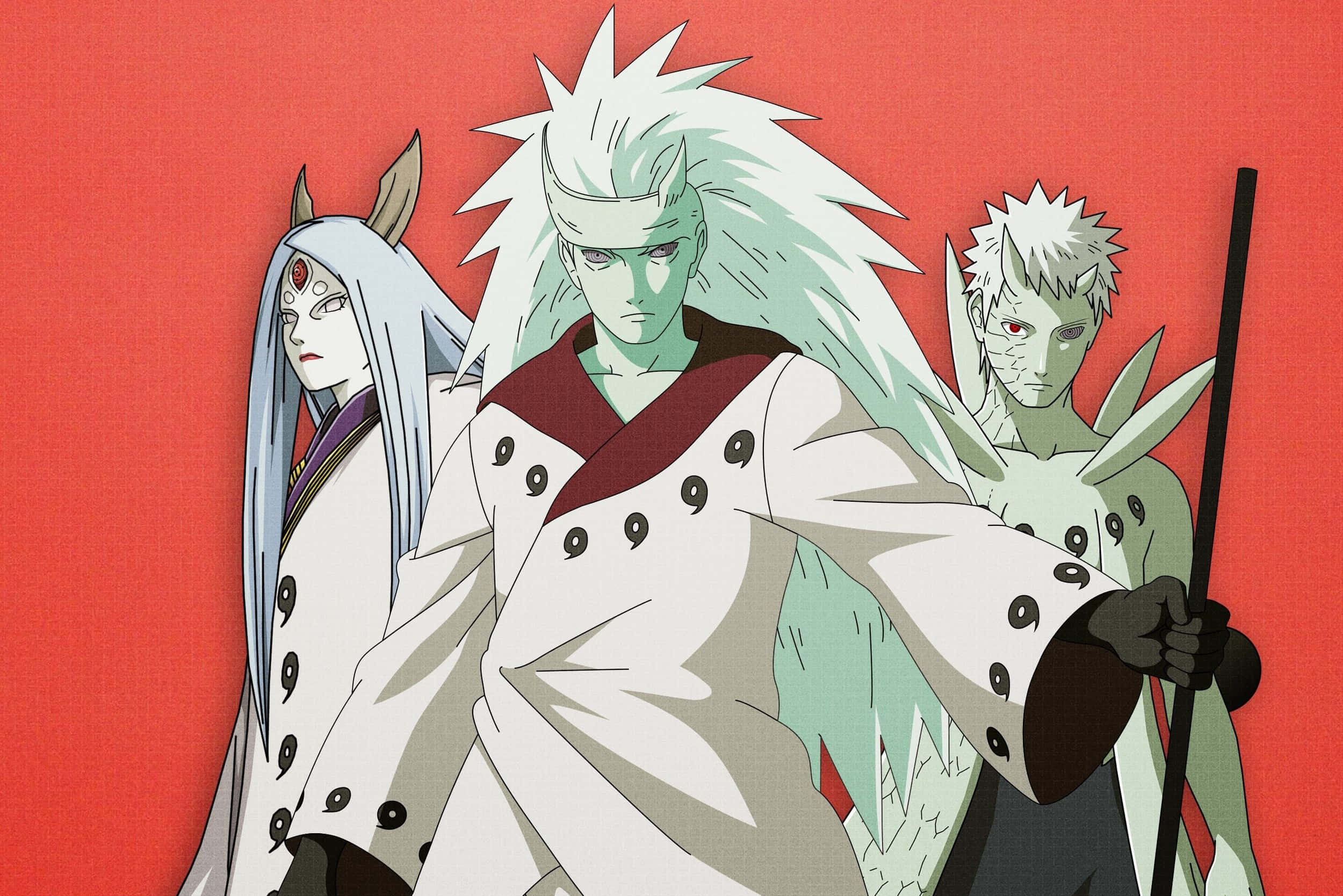 Kaguya Otsutsuki 桌布 壁紙 — 三個動漫角色，白色尖刺頭髮，長袍上有九尾封印，站在大膽的紅色背景前。
