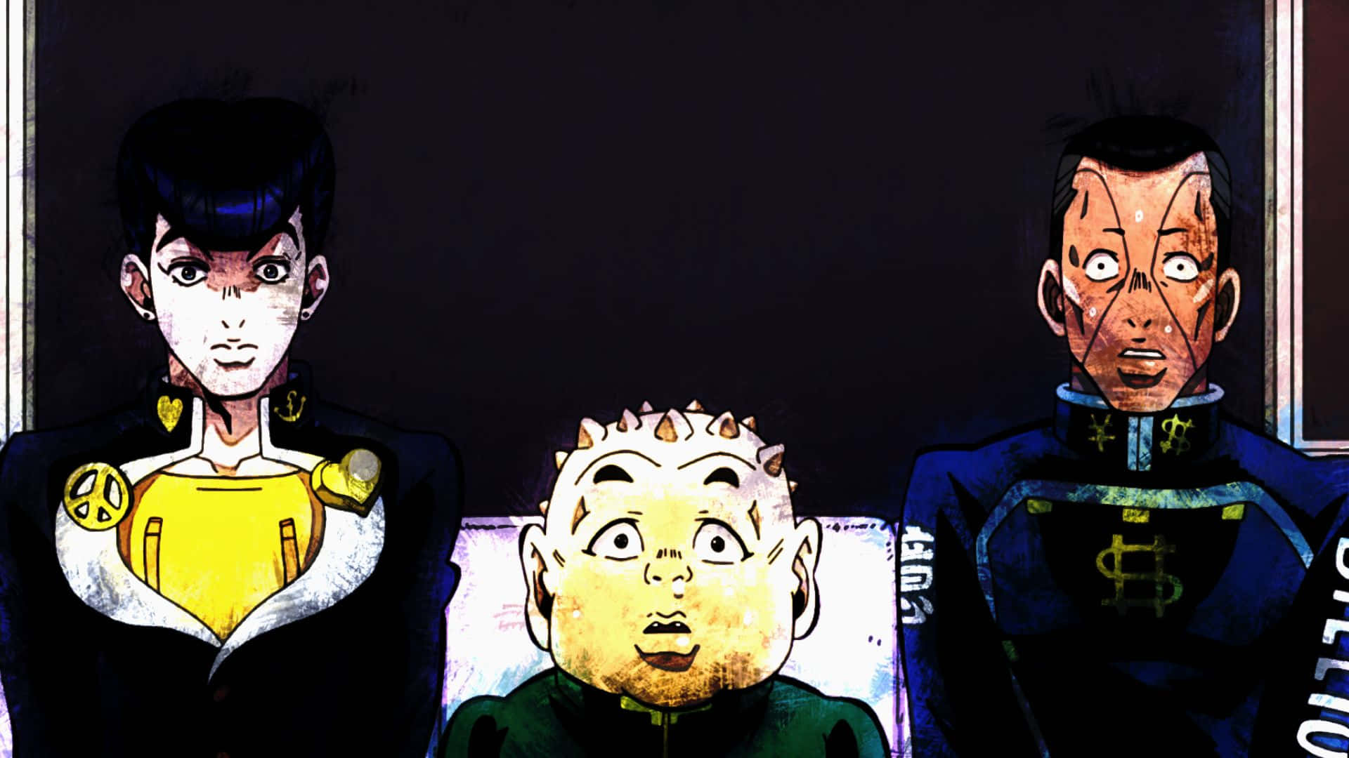 Okuyasu Nijimura 桌布 壁紙 — 三個動漫角色，表情各異，穿著象徵性的服裝，站在深色背景前。