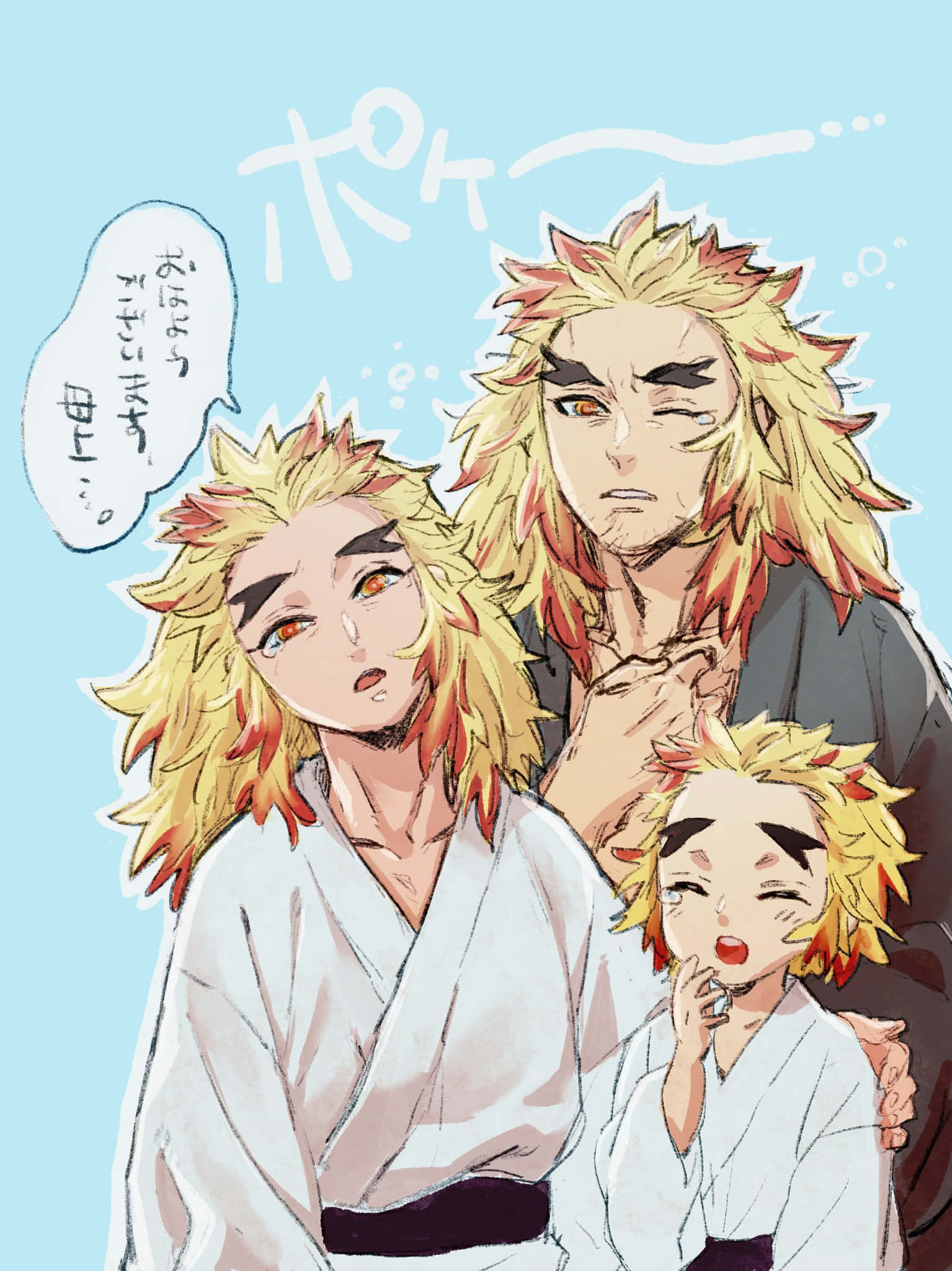 Senjuro Rengoku 桌布 壁紙 — 三個動漫角色，金色尖刺頭髮，身穿白色長袍，在淺藍色背景前擺姿勢，帶有對話氣泡。