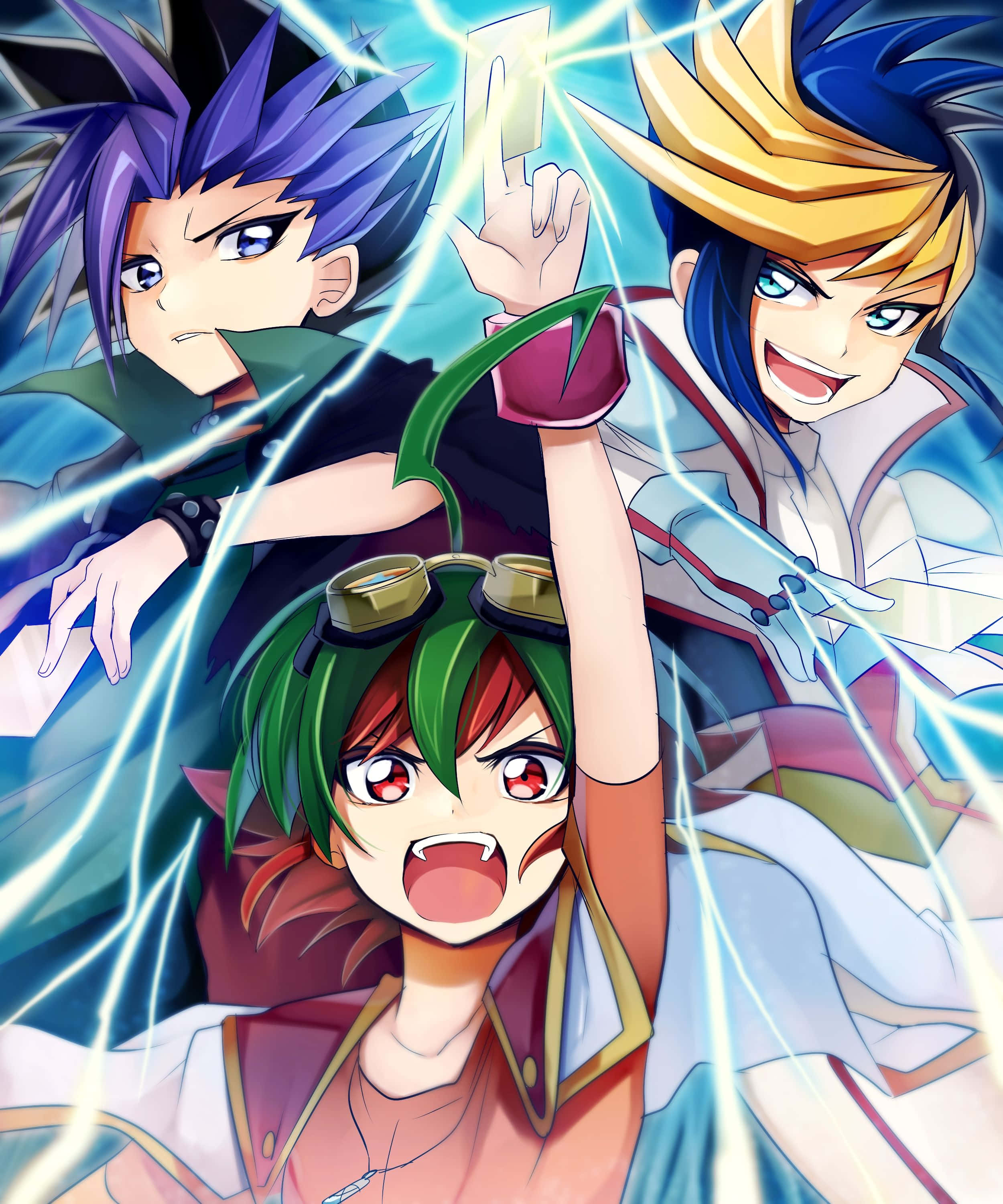 Yu-gi-oh Yugo 桌布 壁紙 — 三個動漫角色，頭髮尖刺，發出光芒的能量光束，圍繞著一個中央人物，他正決心大喊。
