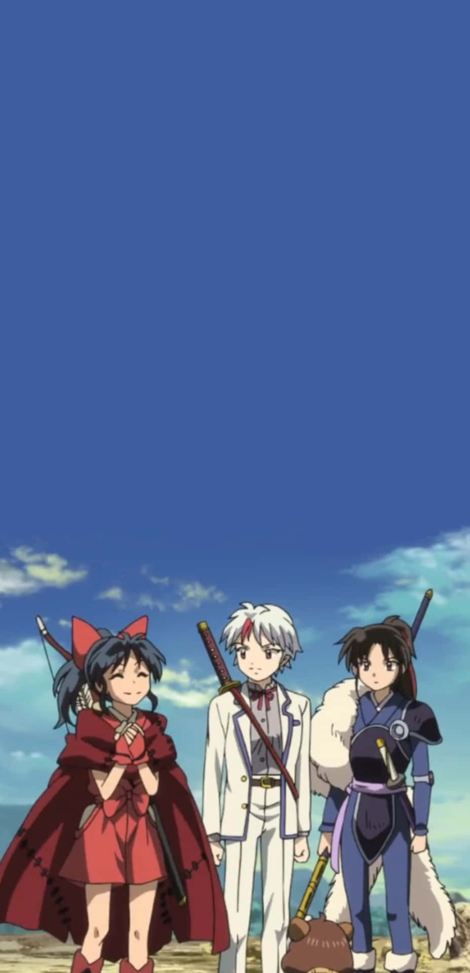 Setsuna 桌布 壁紙 — 三個動漫角色一起站在廣闊的藍天下，天空中有散落的雲朵。