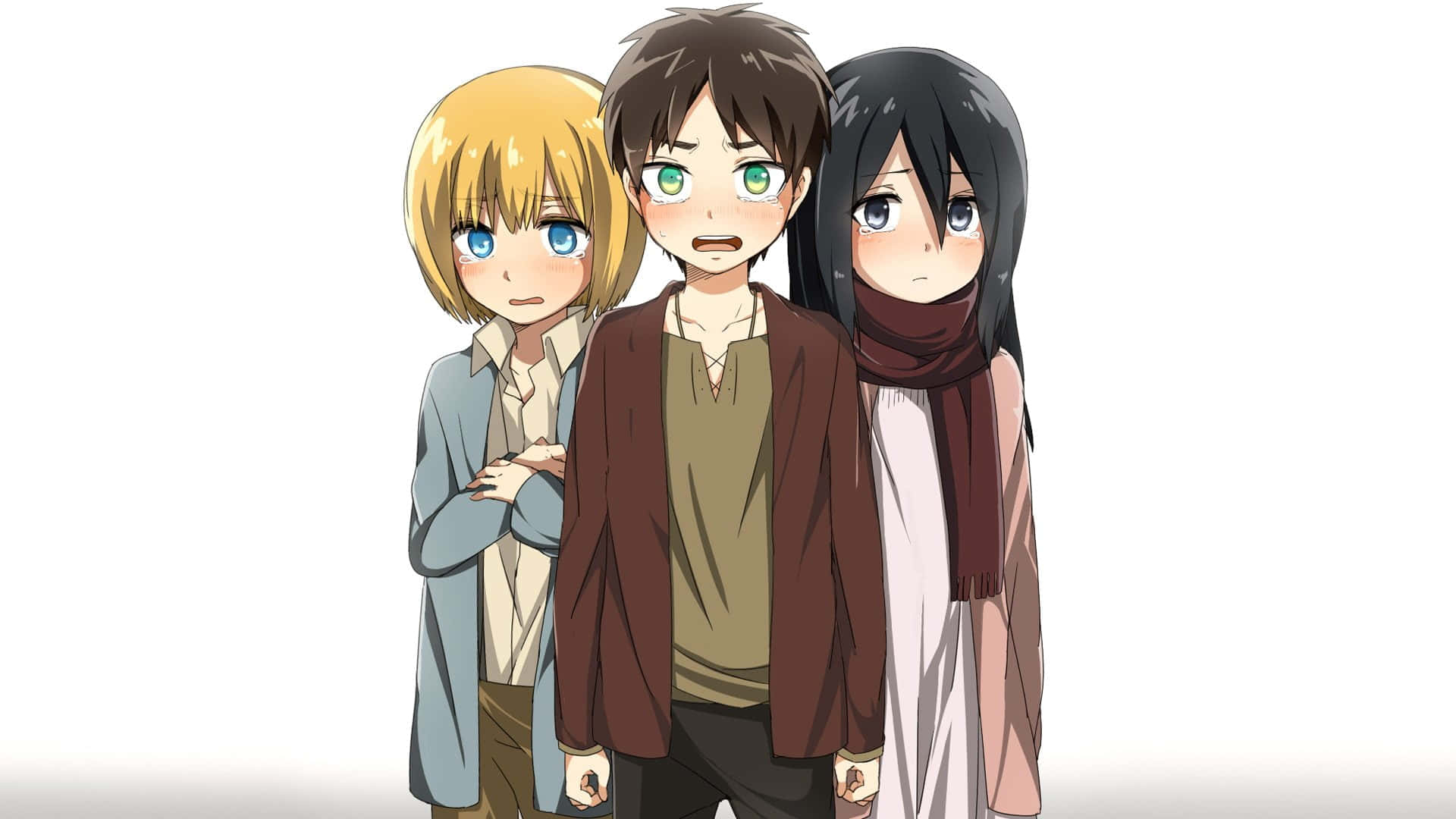 Attack On Titan Season 1 桌布 壁紙 — 三個動漫角色一起站在純白色背景前，表情各異，穿著休閒服裝。