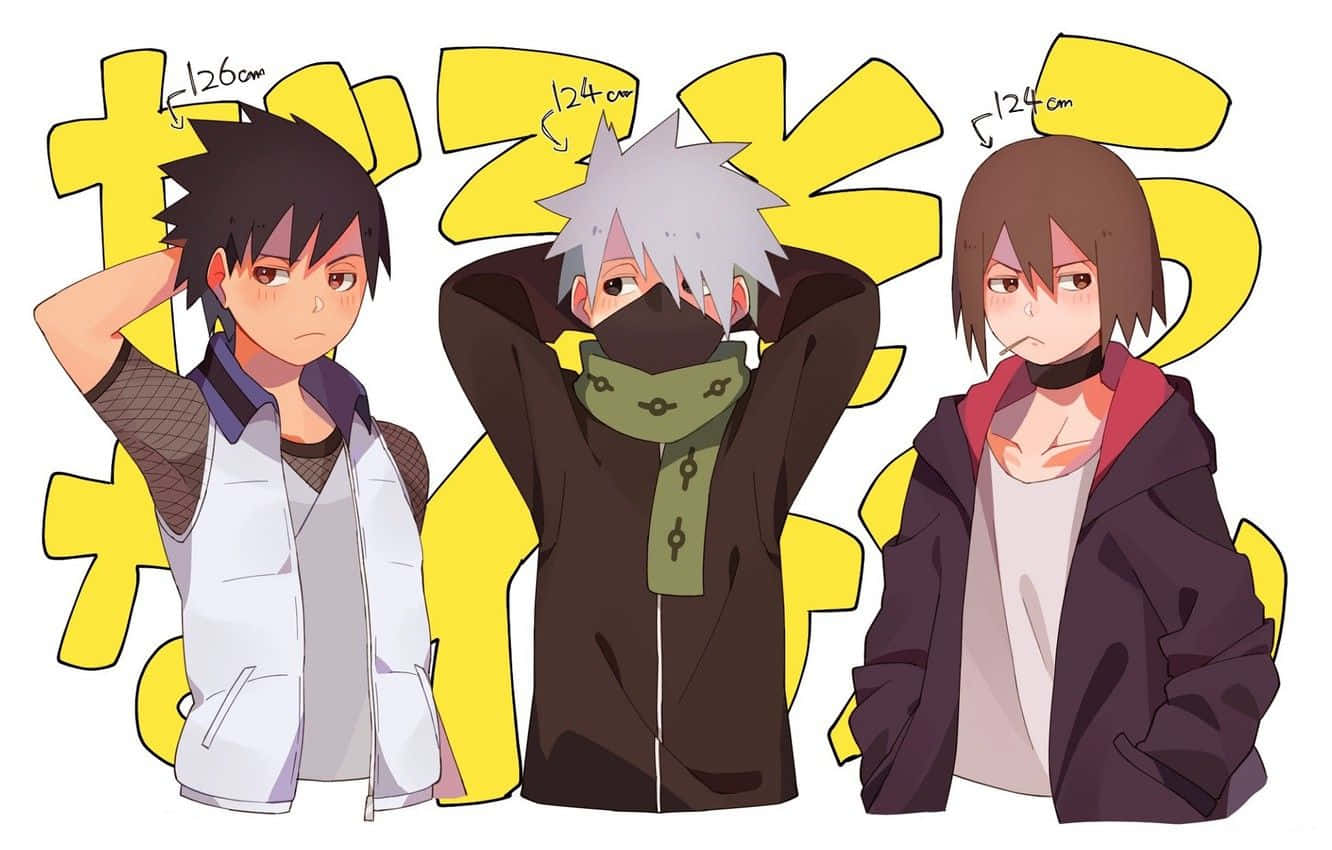 Naruto's Friend 桌布 壁紙 — 三個動漫角色並排站立在鮮黃色背景前，上方有高度標籤。