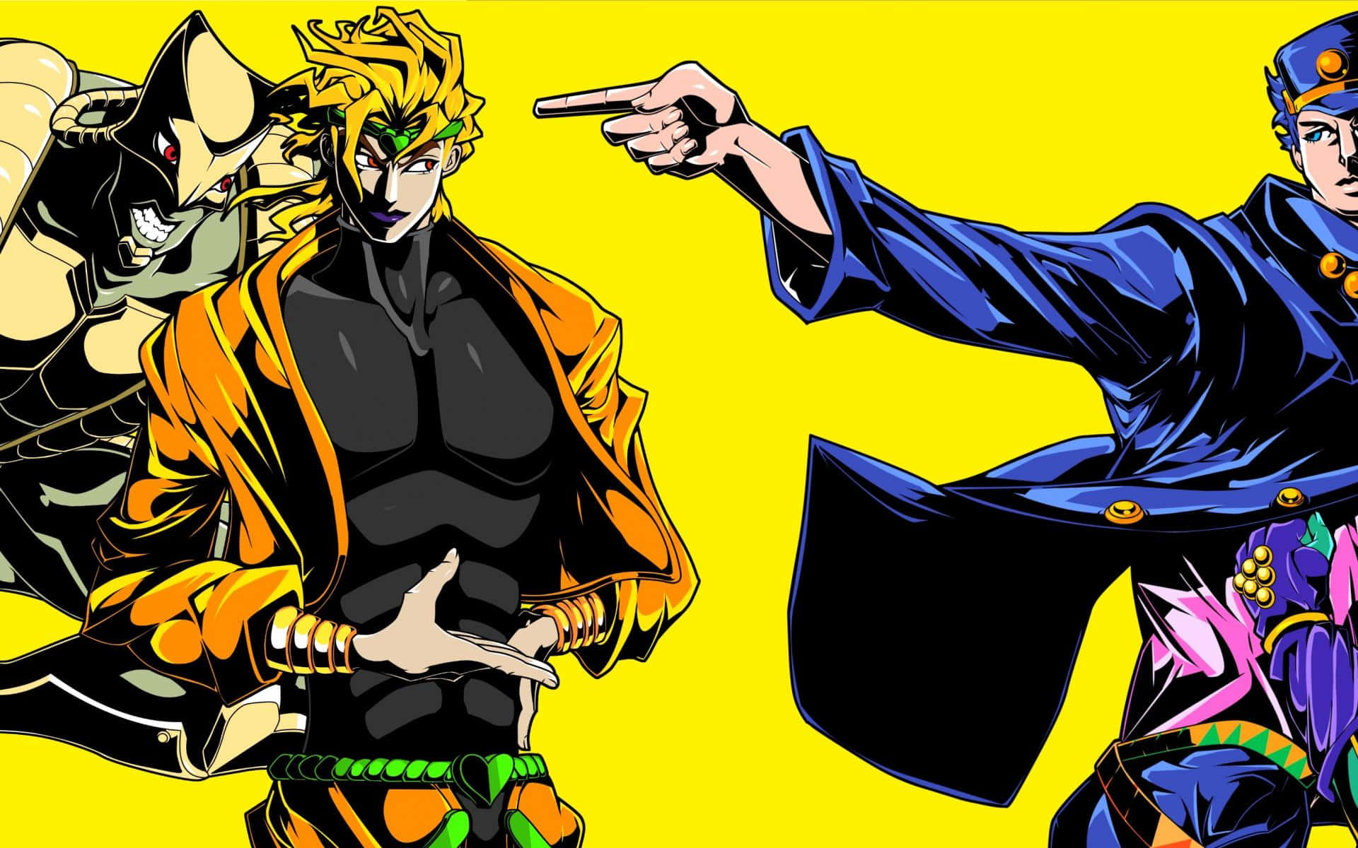Dio Brando 桌布 壁紙 — 三個動漫角色以動感姿勢呈現，背景為鮮黃色，帶有粗線條和鮮豔色彩。