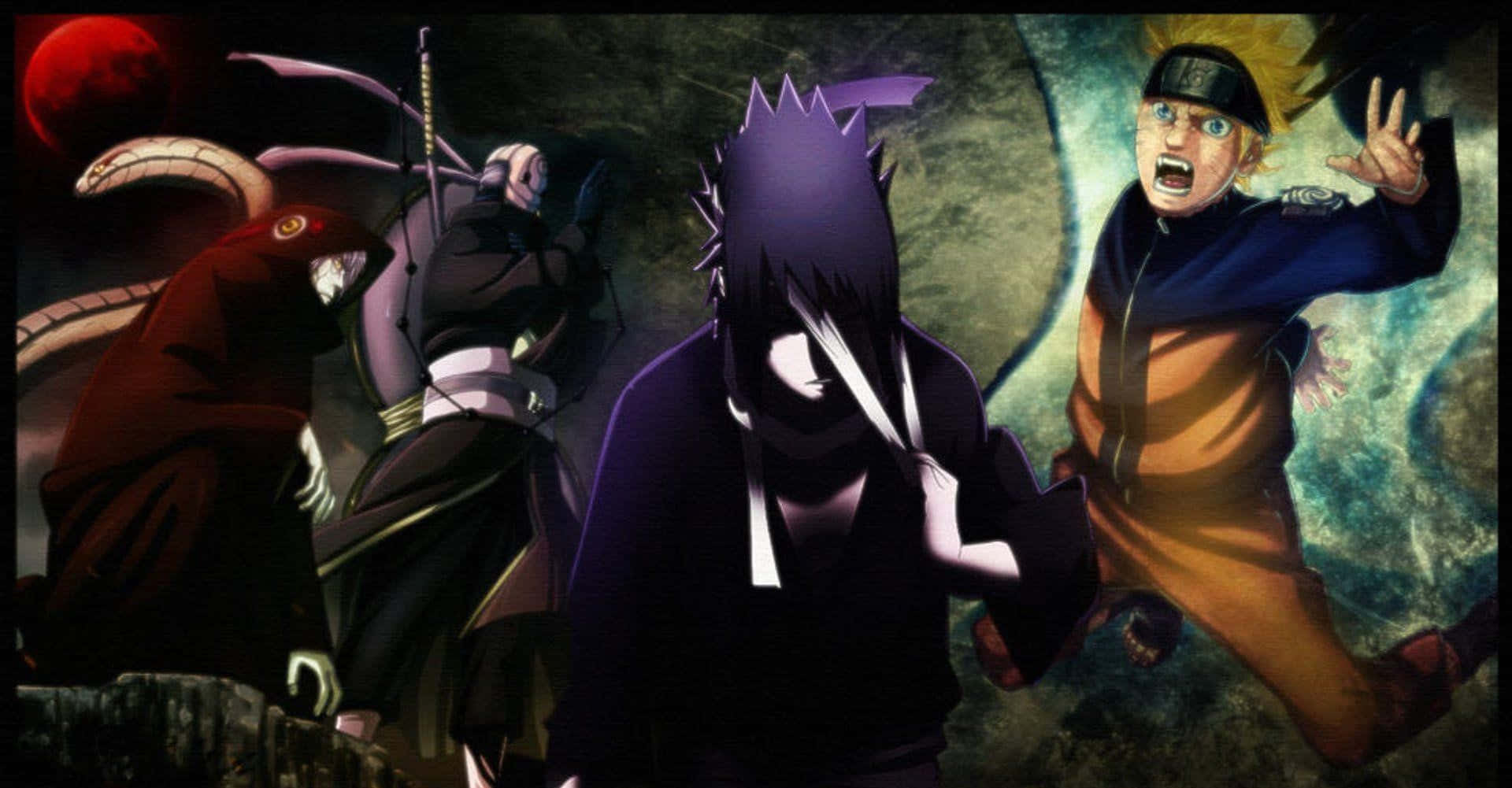 Ninja World 桌布 壁紙 — 三個動漫角色以動態戰鬥姿勢，背景係黑暗宇宙同紅色月亮。