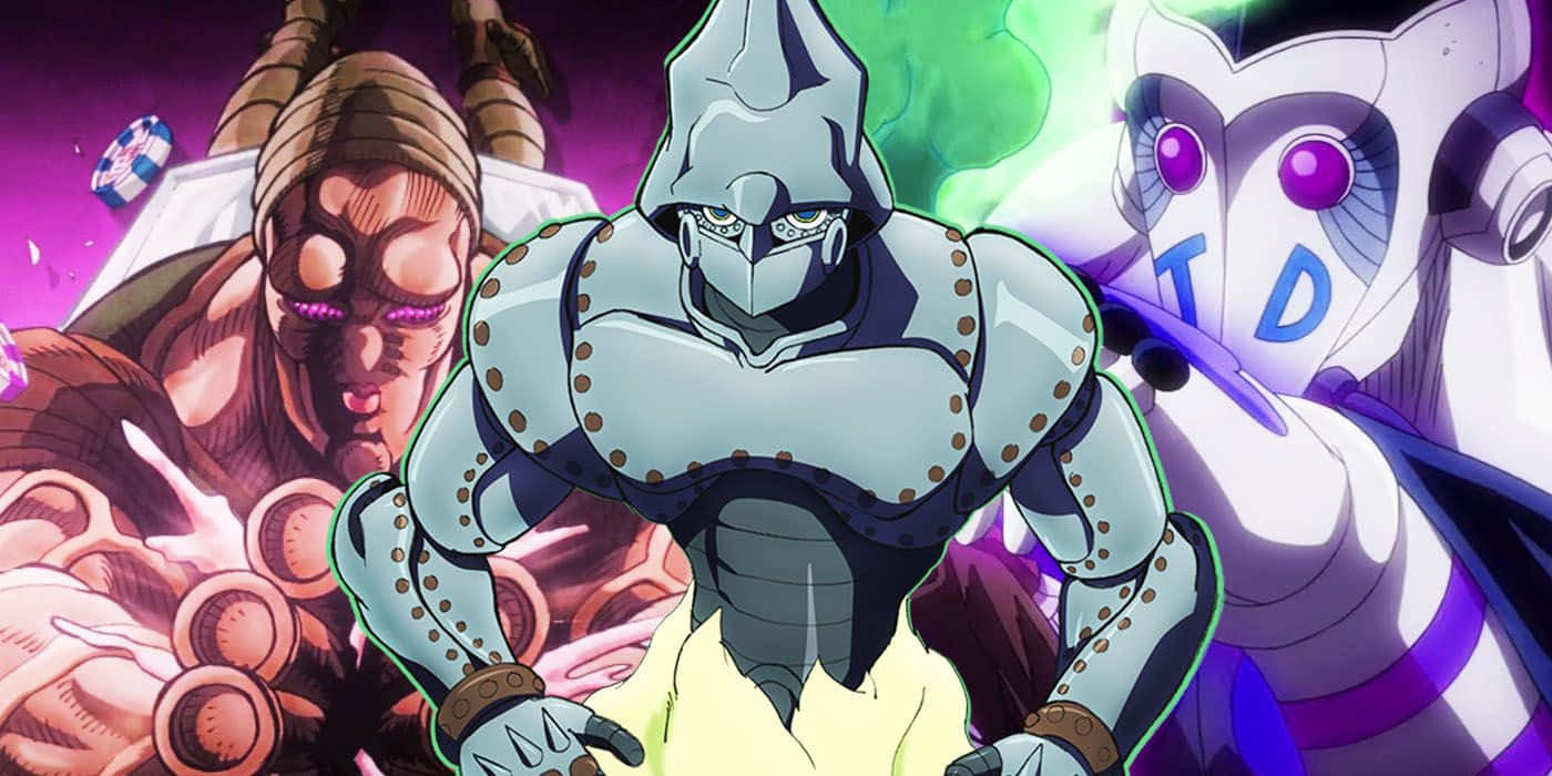 Jojo's Bizarre Adventure Atum 桌布 壁紙 — 三個動漫角色以動態戰鬥姿勢呈現，帶有發光效果和強烈表情。