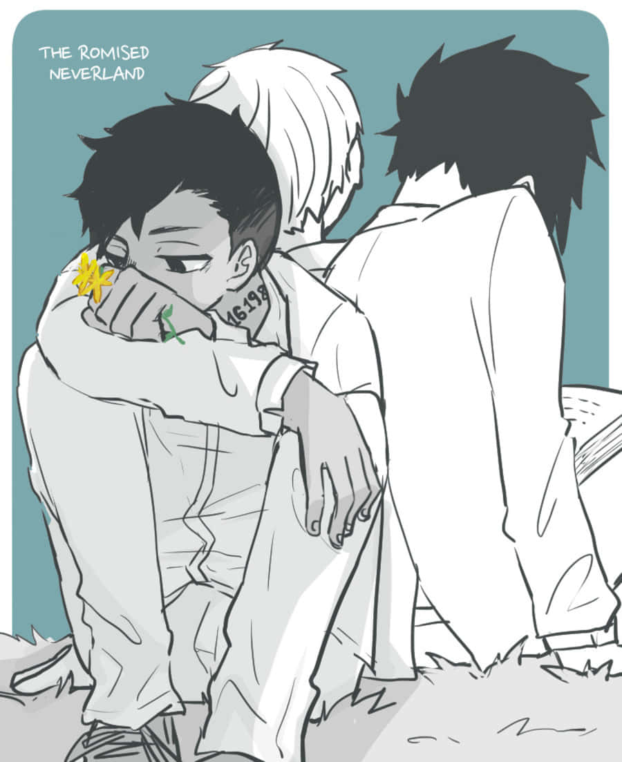 The Promised Neverland Don 桌布 壁紙 — 三個動漫角色以單色擁抱，在青綠色背景上有一朵黃色花朵。