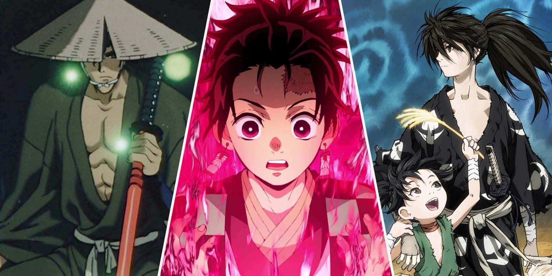 Demon Slayer Fight 桌布 壁紙 — 三個動漫角色以戲劇性的姿勢呈現，眼睛發光，帶有鮮豔的粉紅色和深色調。