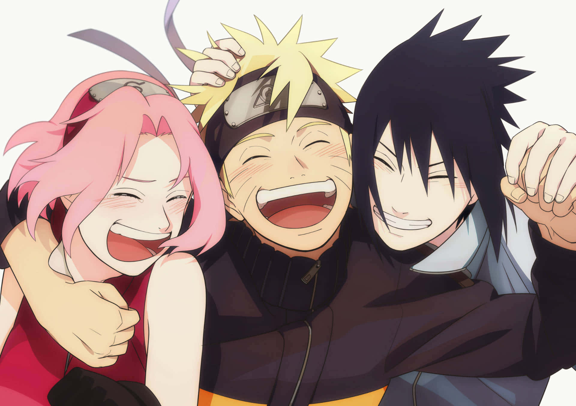 Naruto's Friend 桌布 壁紙 — 三個動漫角色以燦爛表情和動感姿勢緊緊擁抱，歡樂大笑。