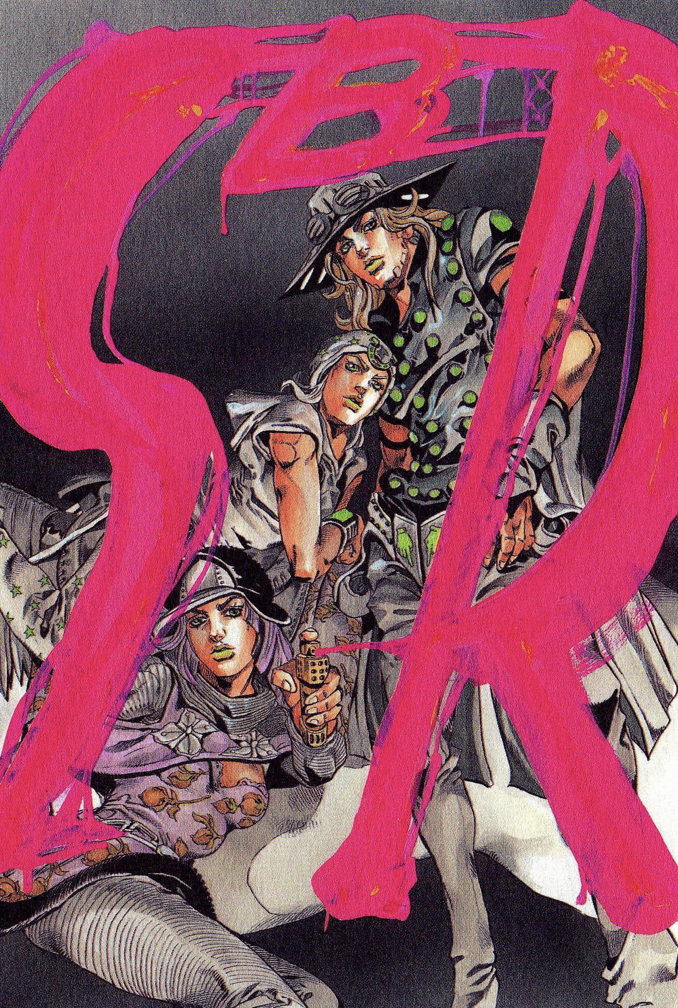 Jojo Steel Ball Run 桌布 壁紙 — 三個動漫角色以粗體粉紅色塗鴉風格字體在深色背景上動態擺姿勢。