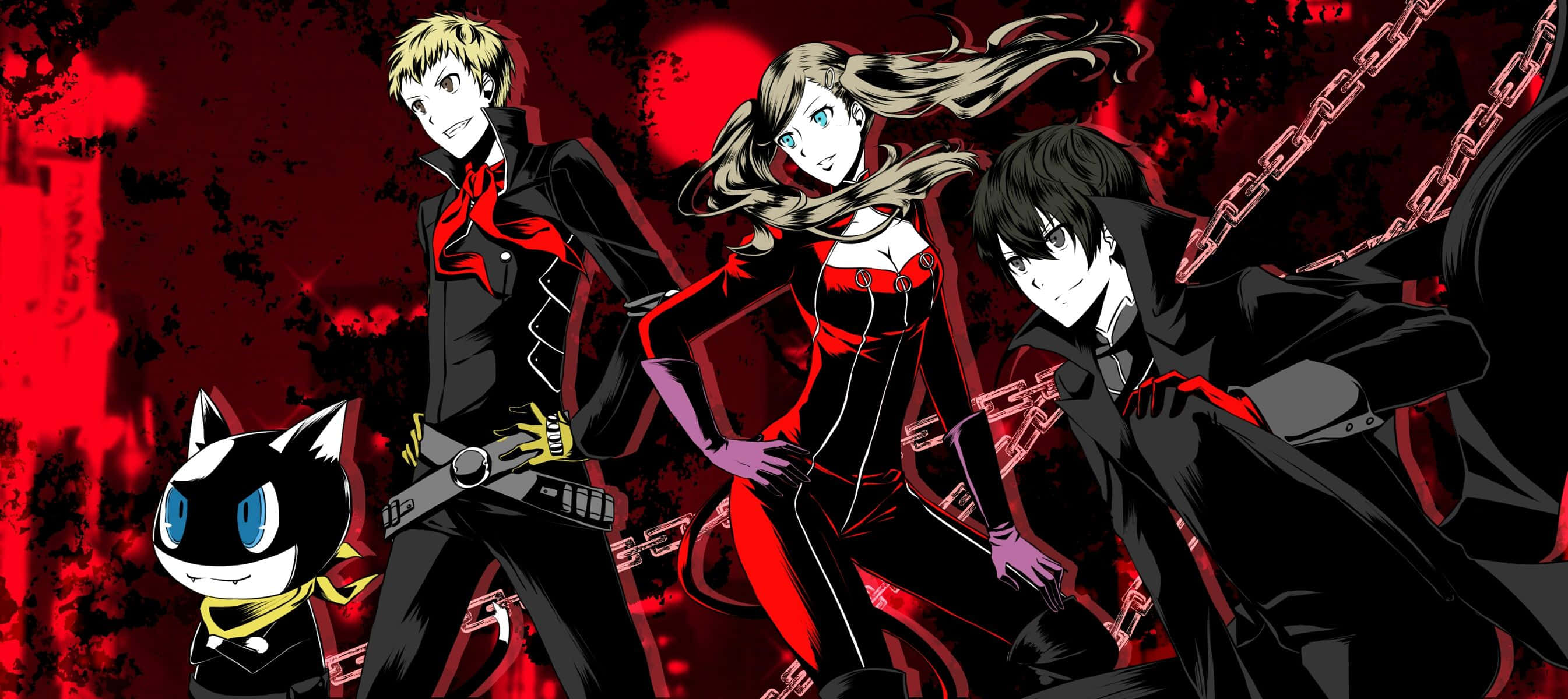 persona 桌布 壁紙 — 三個動漫角色和一隻貓穿著黑色和紅色的服裝，站在血紅色飛濺的背景前，帶有鎖鏈。