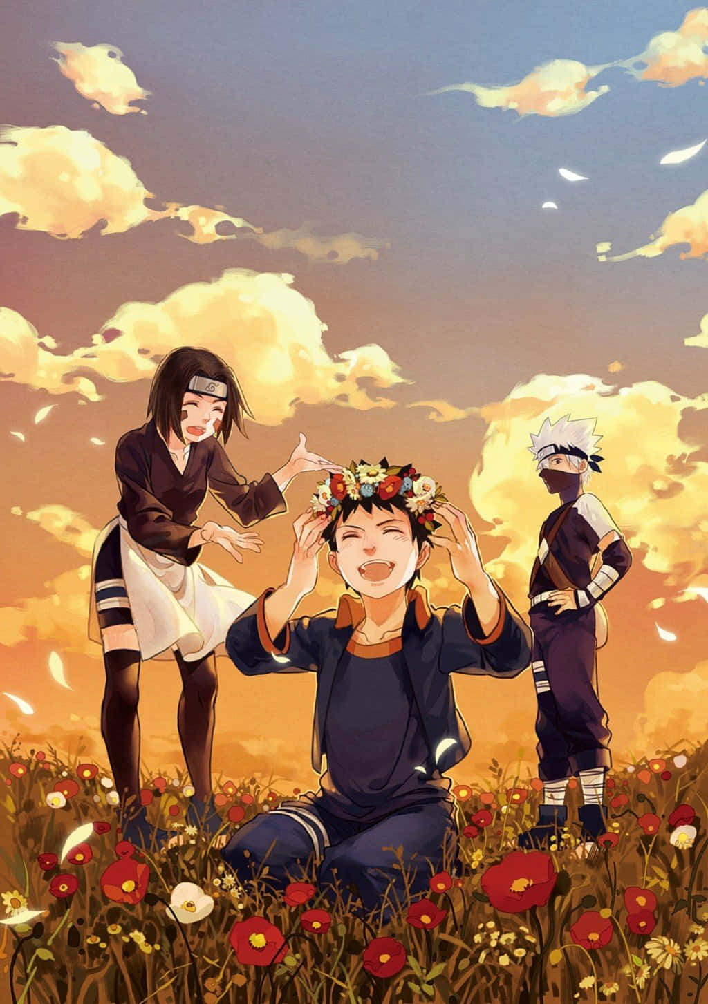 Kakashi And Tobi 桌布 壁紙 — 三個動漫角色喺金色天空下、陽光普照嘅紅色罌粟花田入面開心互動。