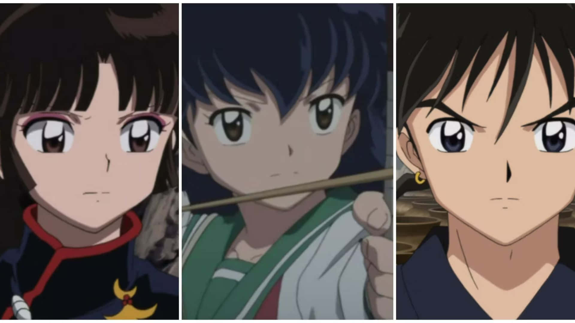 Miroku 桌布 壁紙 — 三個動漫角色在三分聯畫布局中，帶有強烈表情，特徵是深色頭髮和傳統服飾。