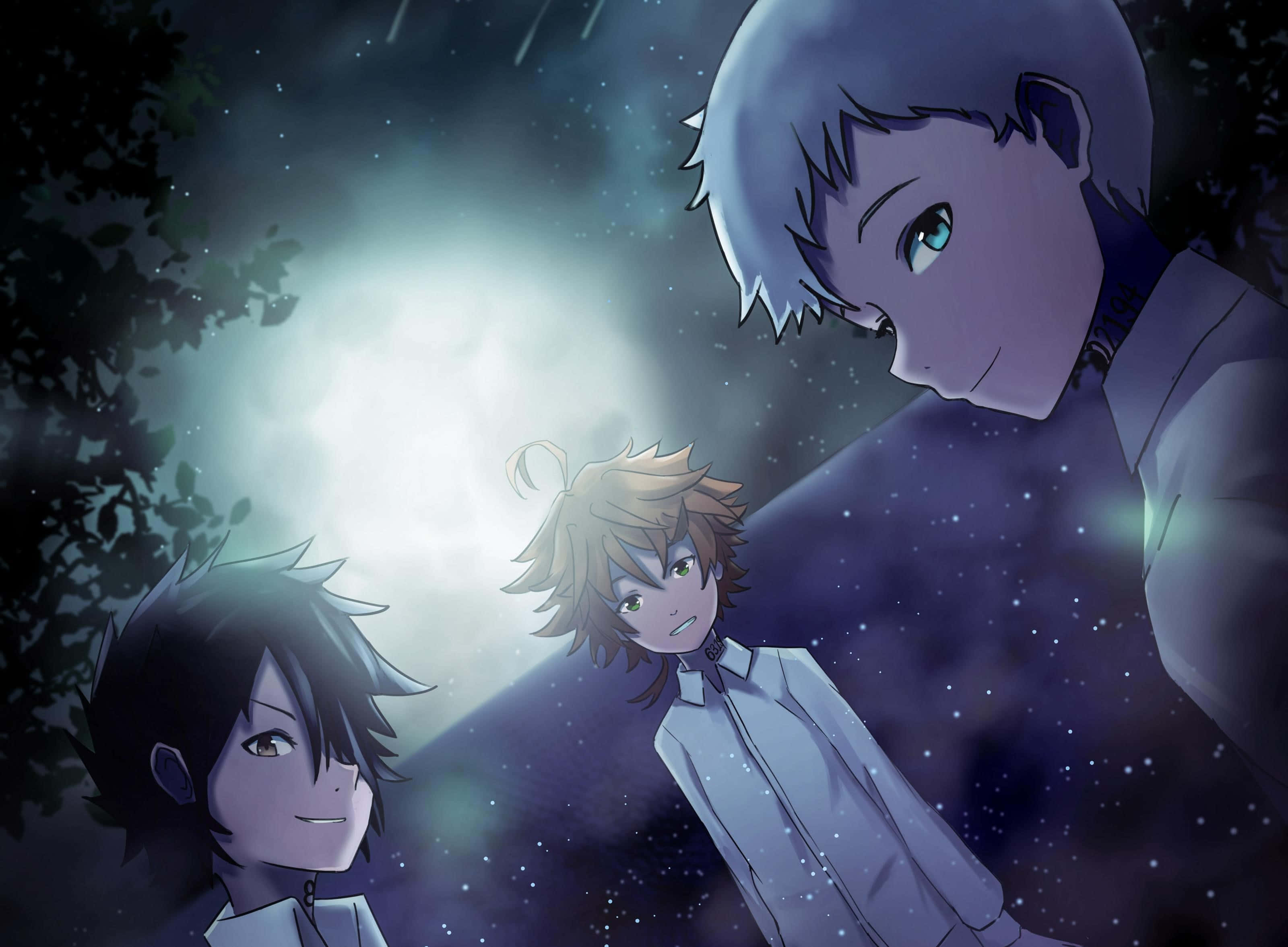 The Promised Neverland Ray 桌布 壁紙 — 三個動漫角色在充滿流星和黑暗樹影的月光下仰望天空。