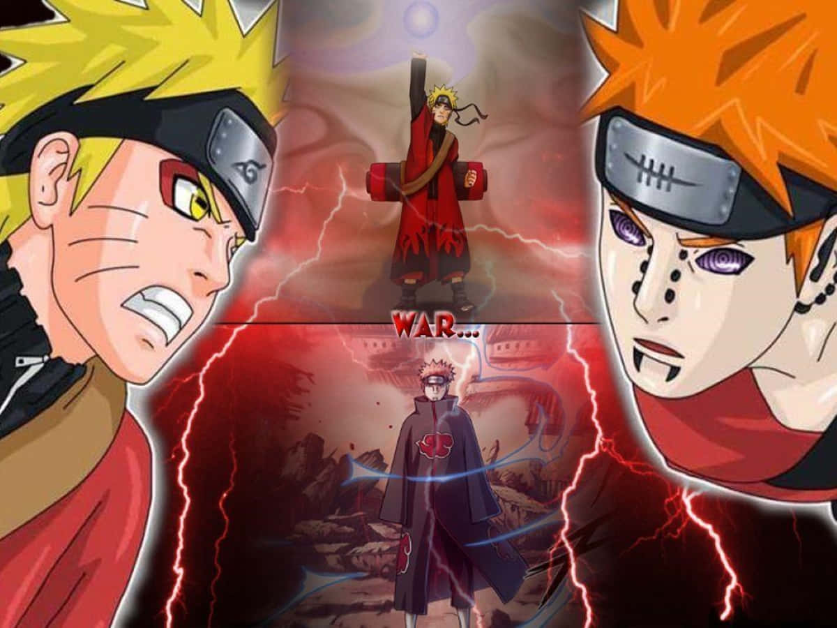 Akatsuki Pain 桌布 壁紙 — 三個動漫角色在戲劇性的戰鬥場景中，伴隨著閃電和紅色能量碰撞。