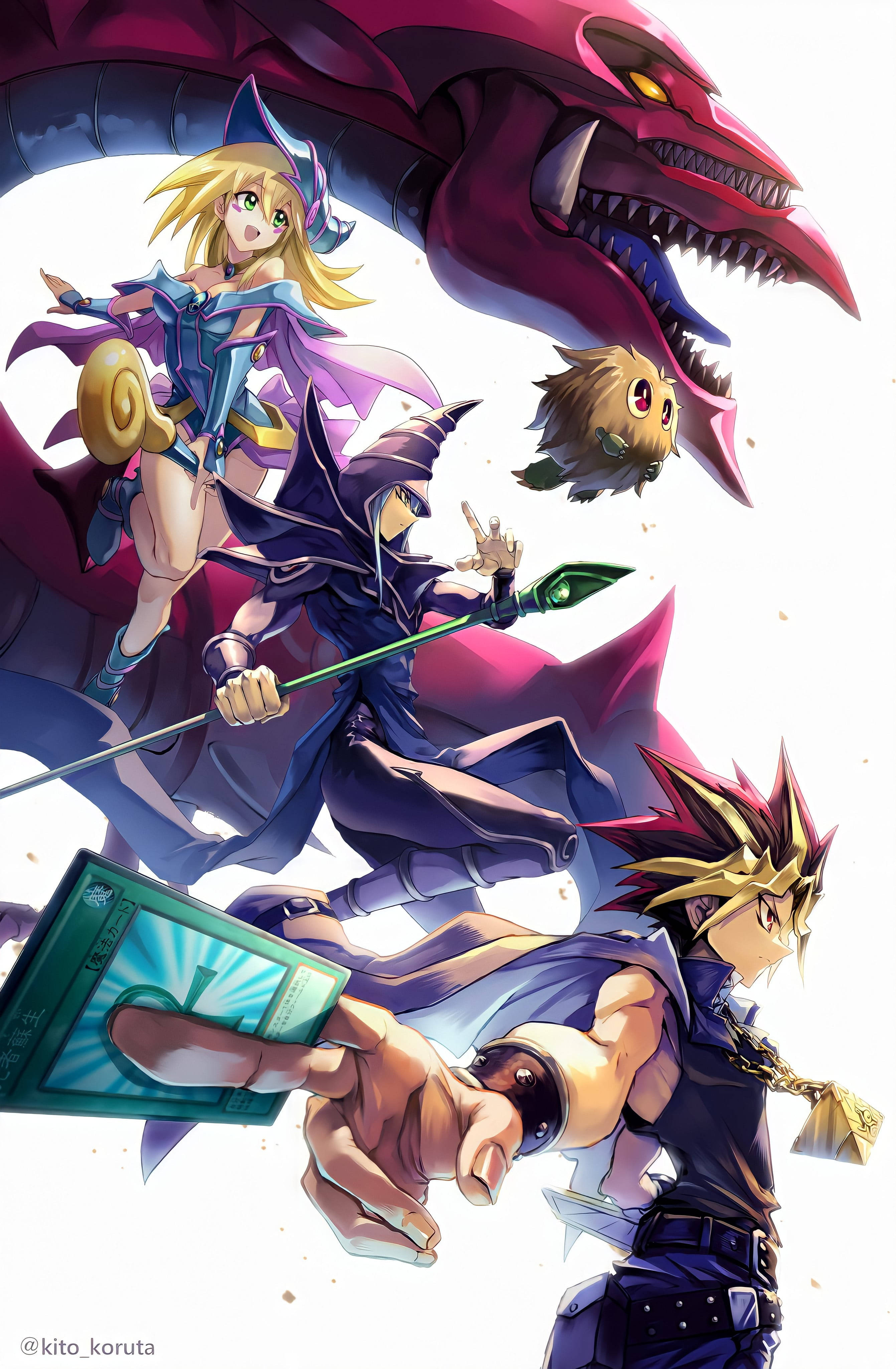 Yu Gi Oh 桌布 壁紙 — 三個動漫角色在明亮的白色背景上與一隻巨大的紅色龍戰鬥，附近漂浮著一個小生物。