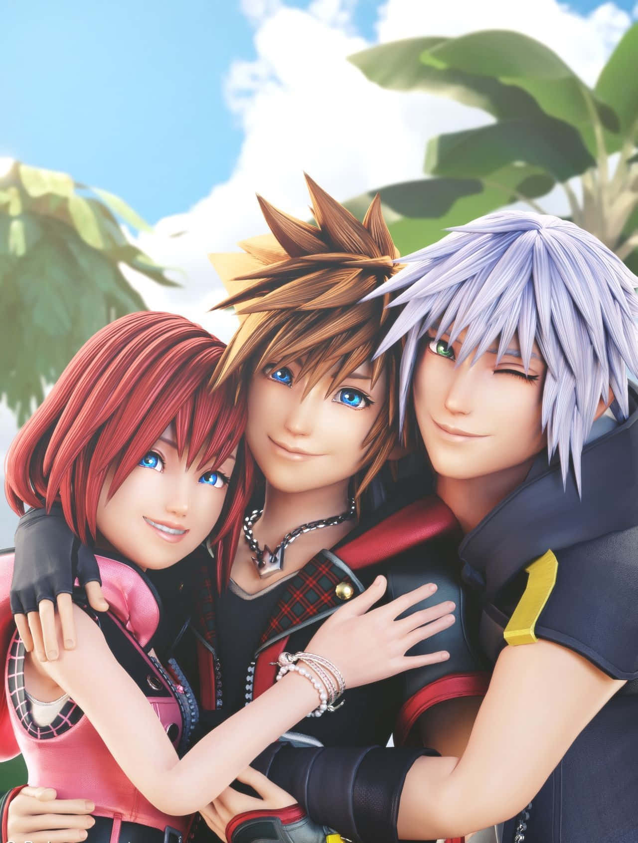 Kingdom Hearts Kairi 桌布 壁紙 — 三個動漫角色在明亮的藍天下，身後有茂密的綠葉，溫暖地擁抱在一起。