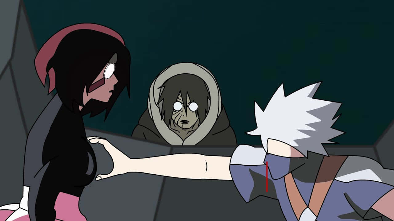 Kakashi And Rin 桌布 壁紙 — 三個動漫角色在昏暗的場景中，其中一個伸出手，另一個睜大眼睛看著。