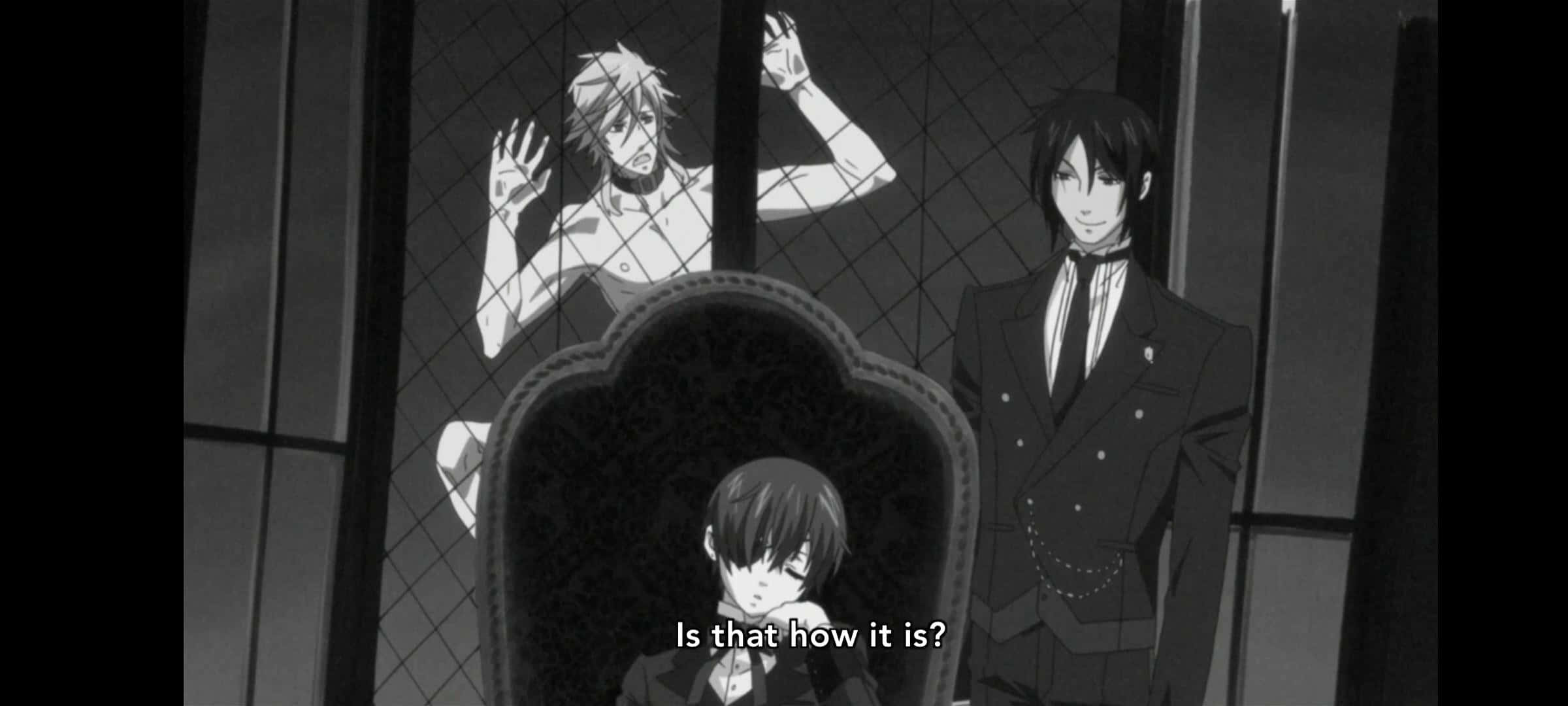 Black Butler Pluto 桌布 壁紙 — 三個動漫角色在昏暗的房間裡，一個坐在椅子上，另一個站在他旁邊，第三個在窗戶後面舉起雙手。