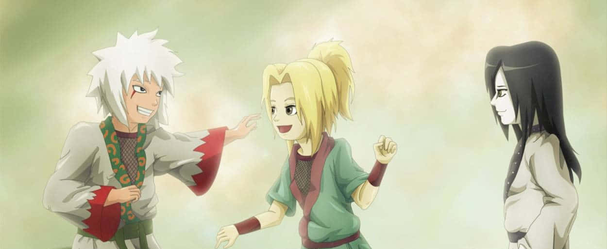 Legendary Sannin 桌布 壁紙 — 三個動漫角色在柔和漸變背景前以富表現力的手勢互動。