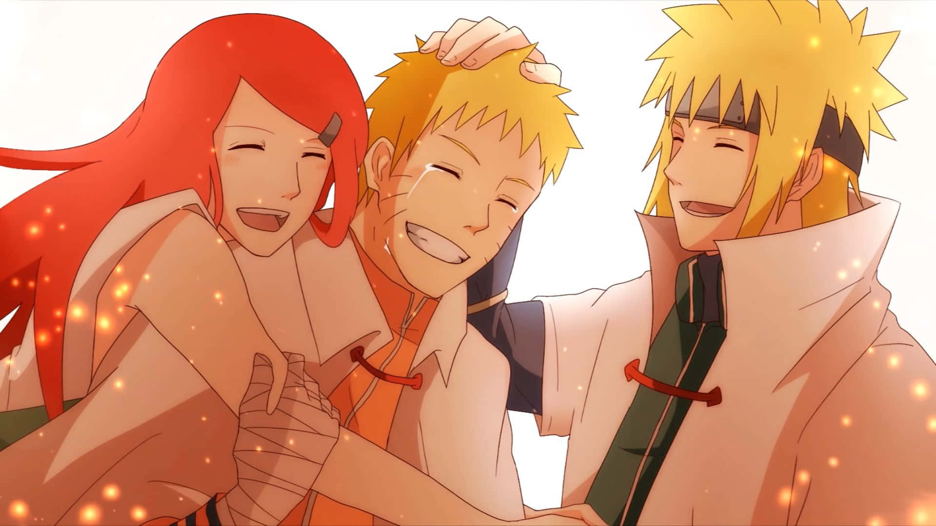 Kushina Uzumaki 桌布 壁紙 — 三個動漫角色在柔和的白色背景上，在閃爍的金色火花下溫暖地一起大笑。