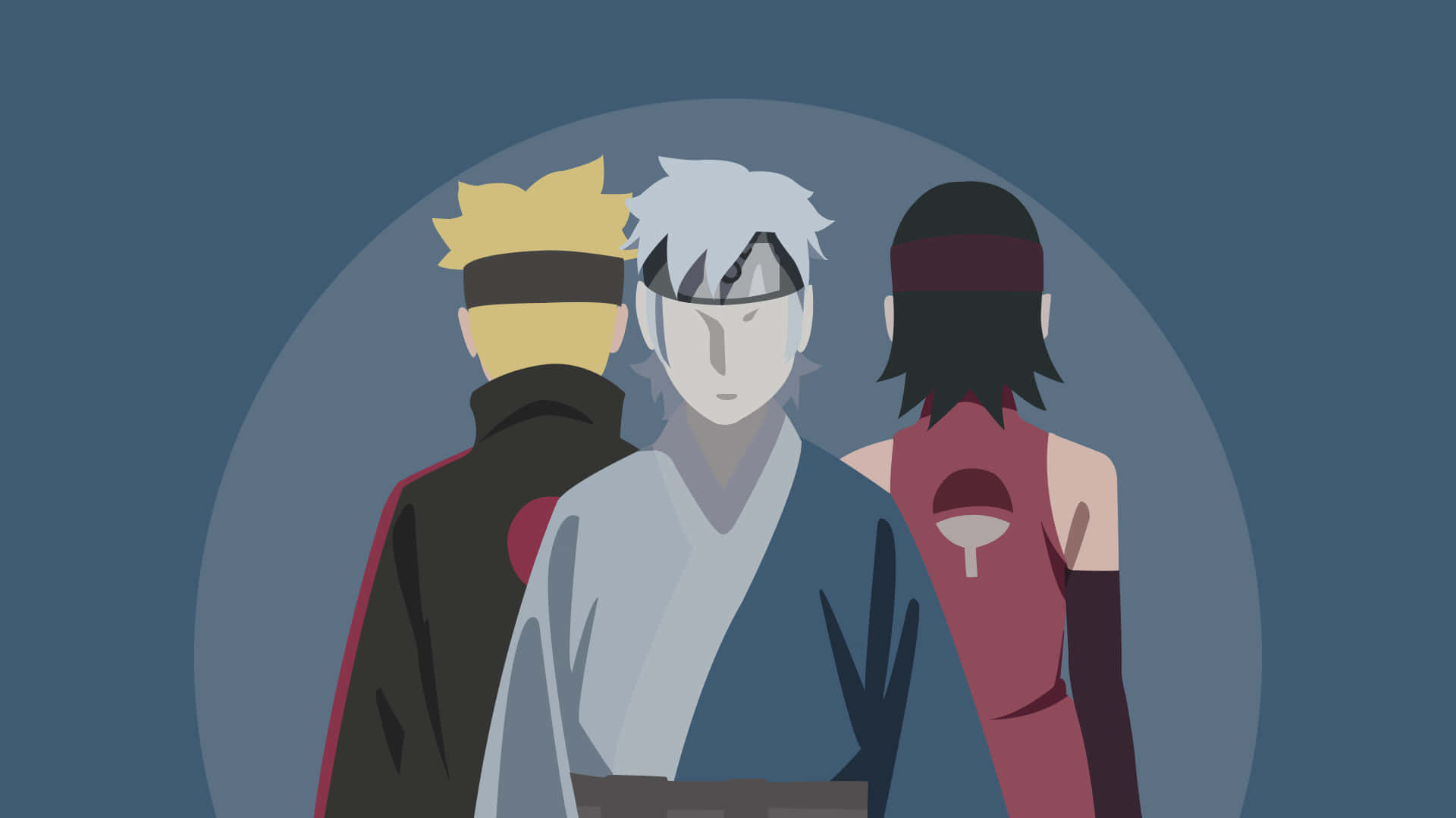 Mitsuki 桌布 壁紙 — 三個動漫角色在柔和藍色背景上的圓形光芒中背光站立。
