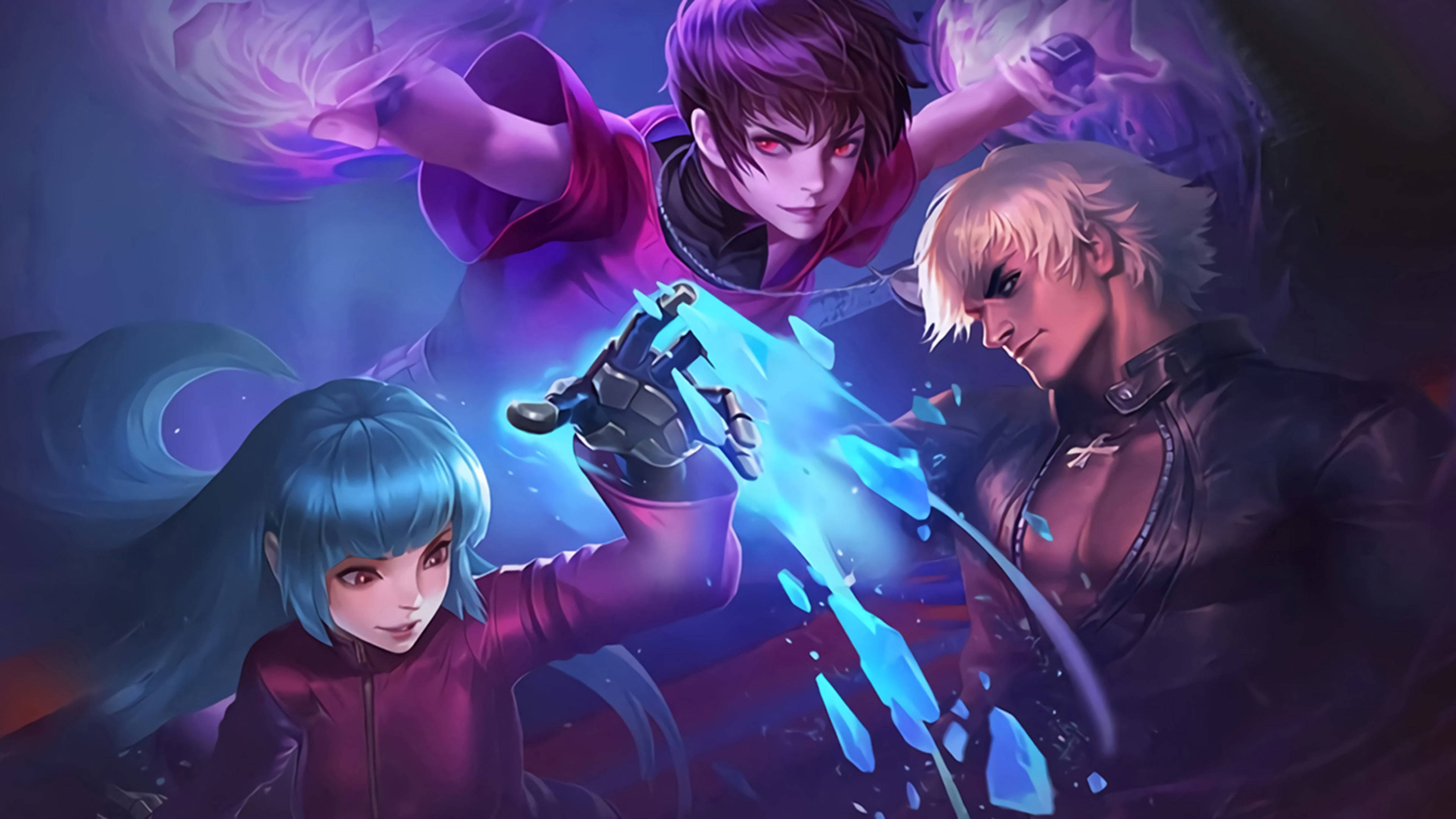 Mobile Legends 桌布 壁紙 — 三個動漫角色在深紫色天空下釋放出發光的魔法能量，呈現動態戰鬥場景。