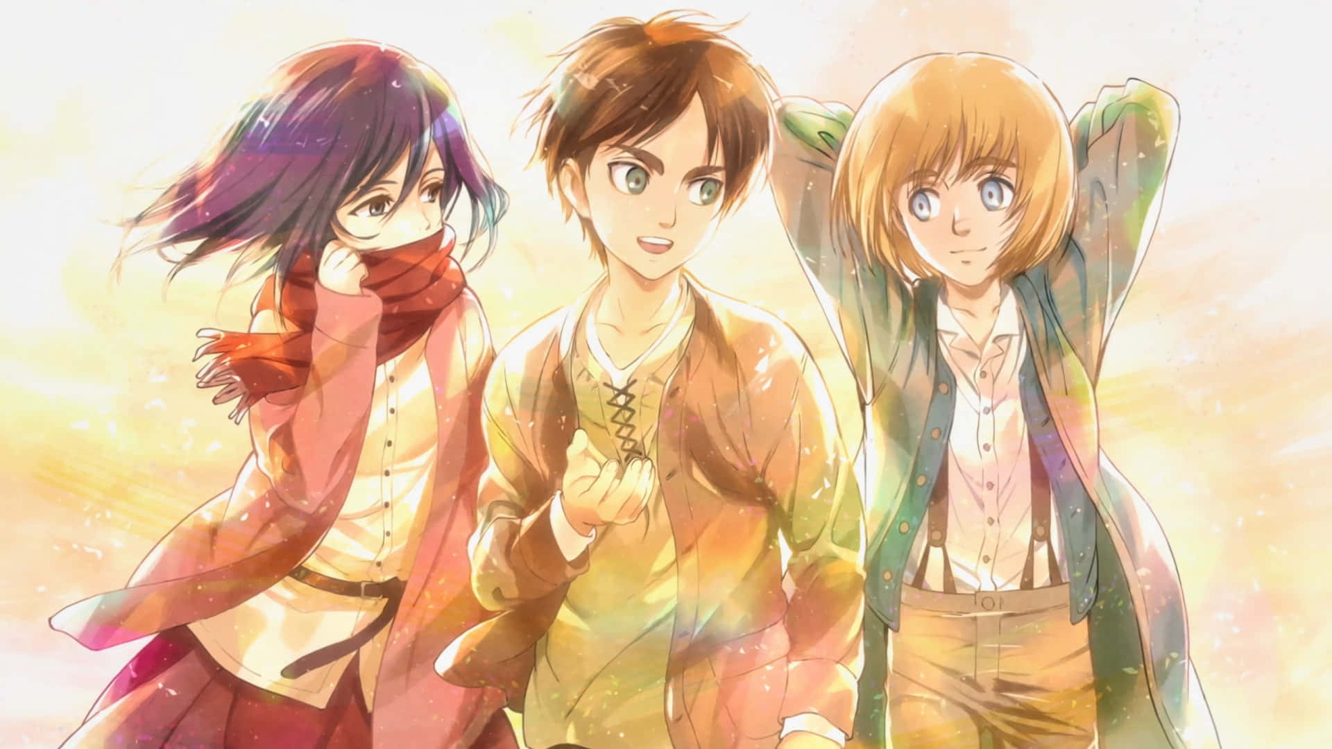 Attack On Titan Season 1 桌布 壁紙 — 三個動漫角色在溫暖的金色光芒中站在一起，頭髮隨風飄揚，穿著色彩繽紛的衣服。