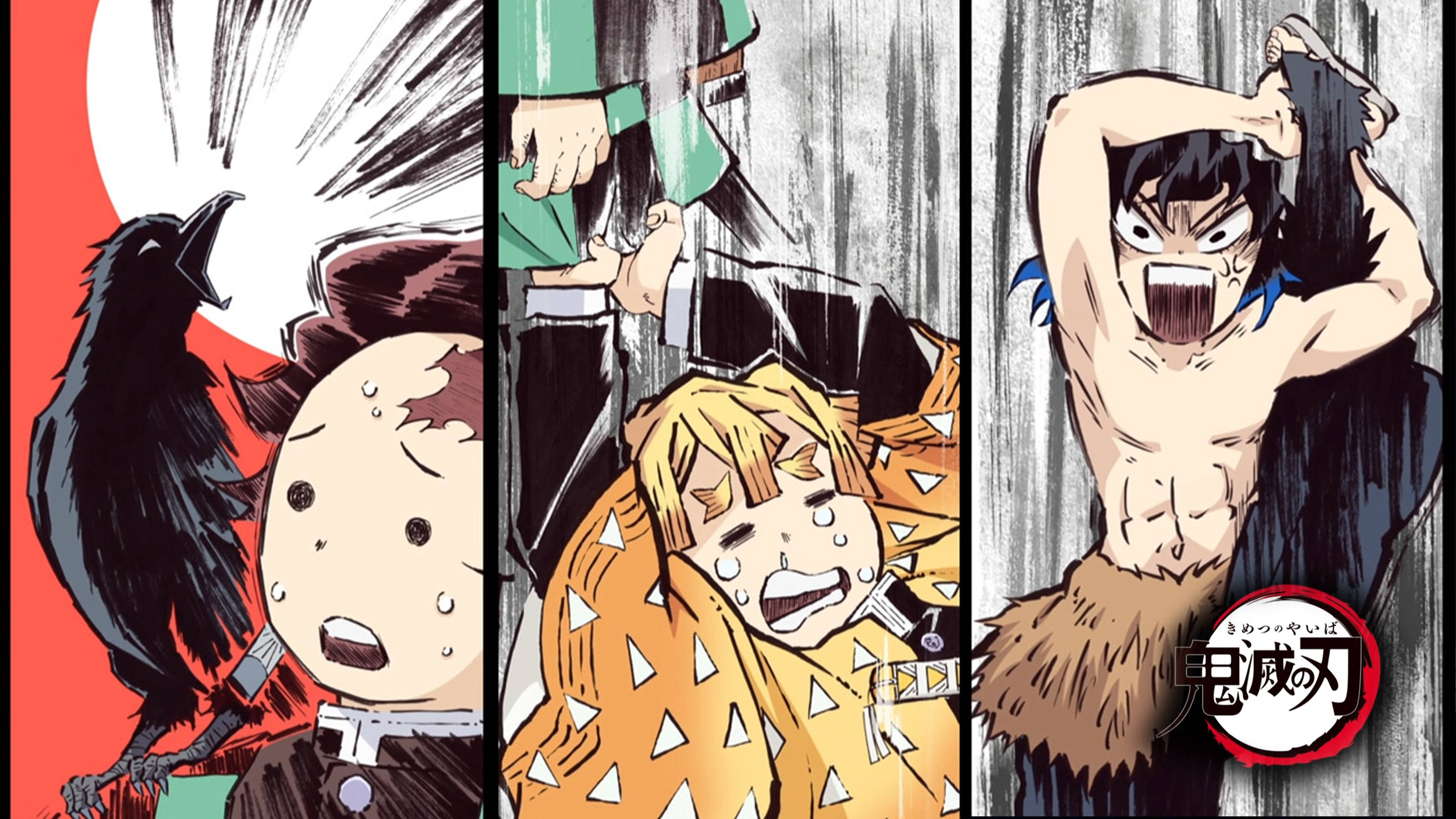 Demon Slayer 4K Funny 壁紙 — 三個動漫角色在激烈的動作場景中，帶有動態線條和大膽色彩。