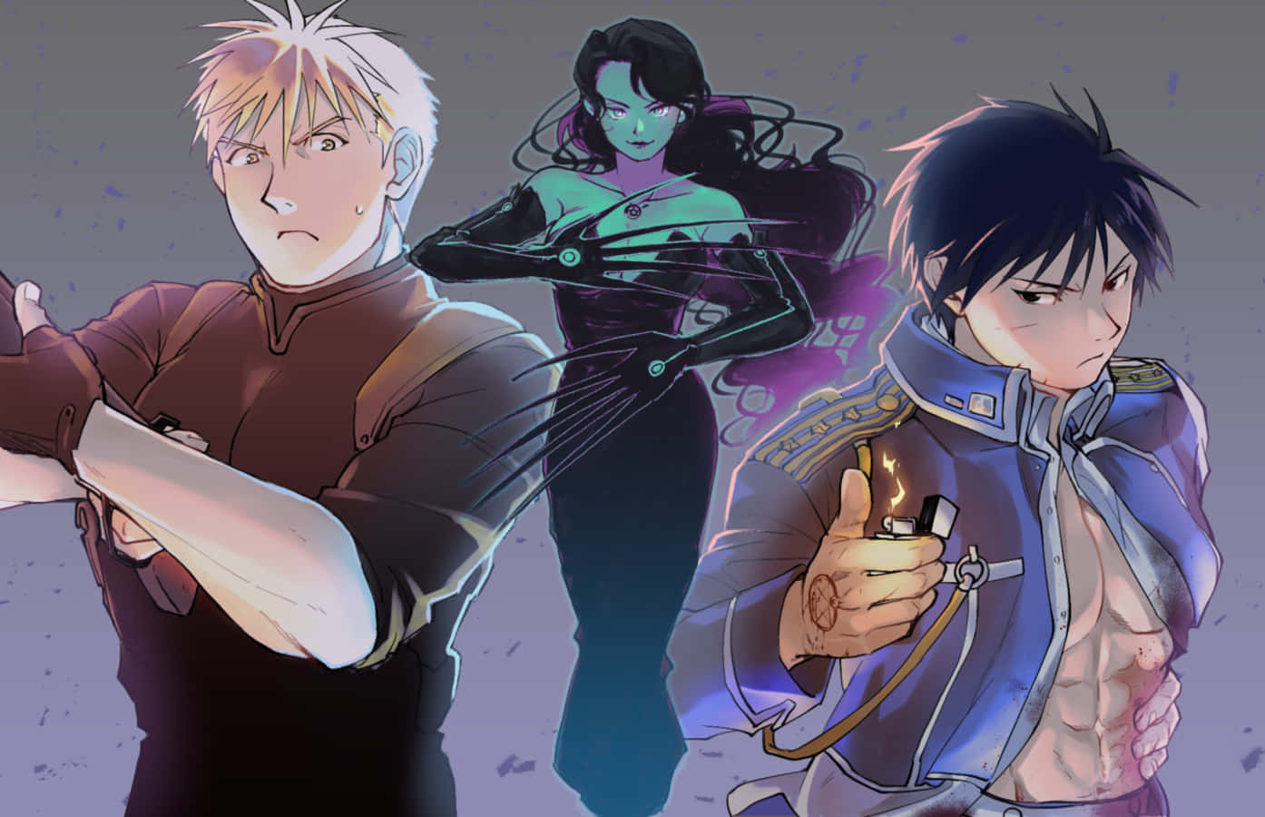 Fullmetal Alchemist Lust 桌布 壁紙 — 三個動漫角色在發光的能量效果和戲劇性燈光下處於緊張的對峙狀態。