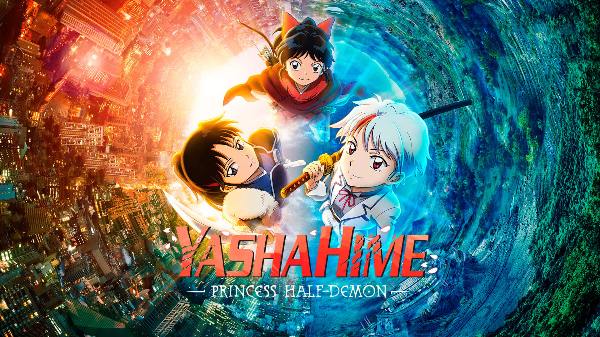 Yashahime 桌布 壁紙 — 三個動漫角色在發光背景下，飛越由火熱城市和冰冷森林組成的旋轉漩渦。
