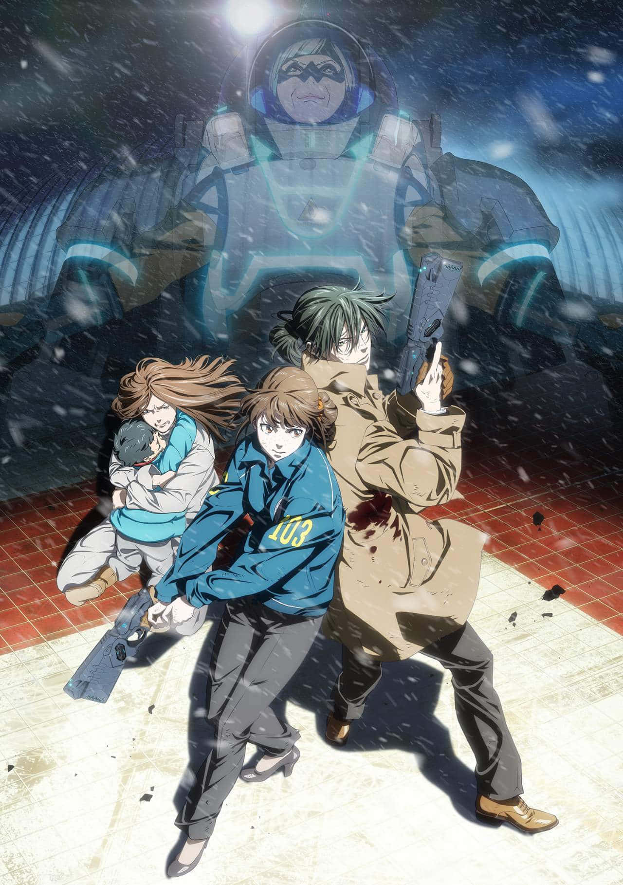 Psycho Pass 桌布 壁紙 — 三個動漫角色在積雪的城市小巷中，在發光的月亮下對抗一個巨大的裝甲人物。