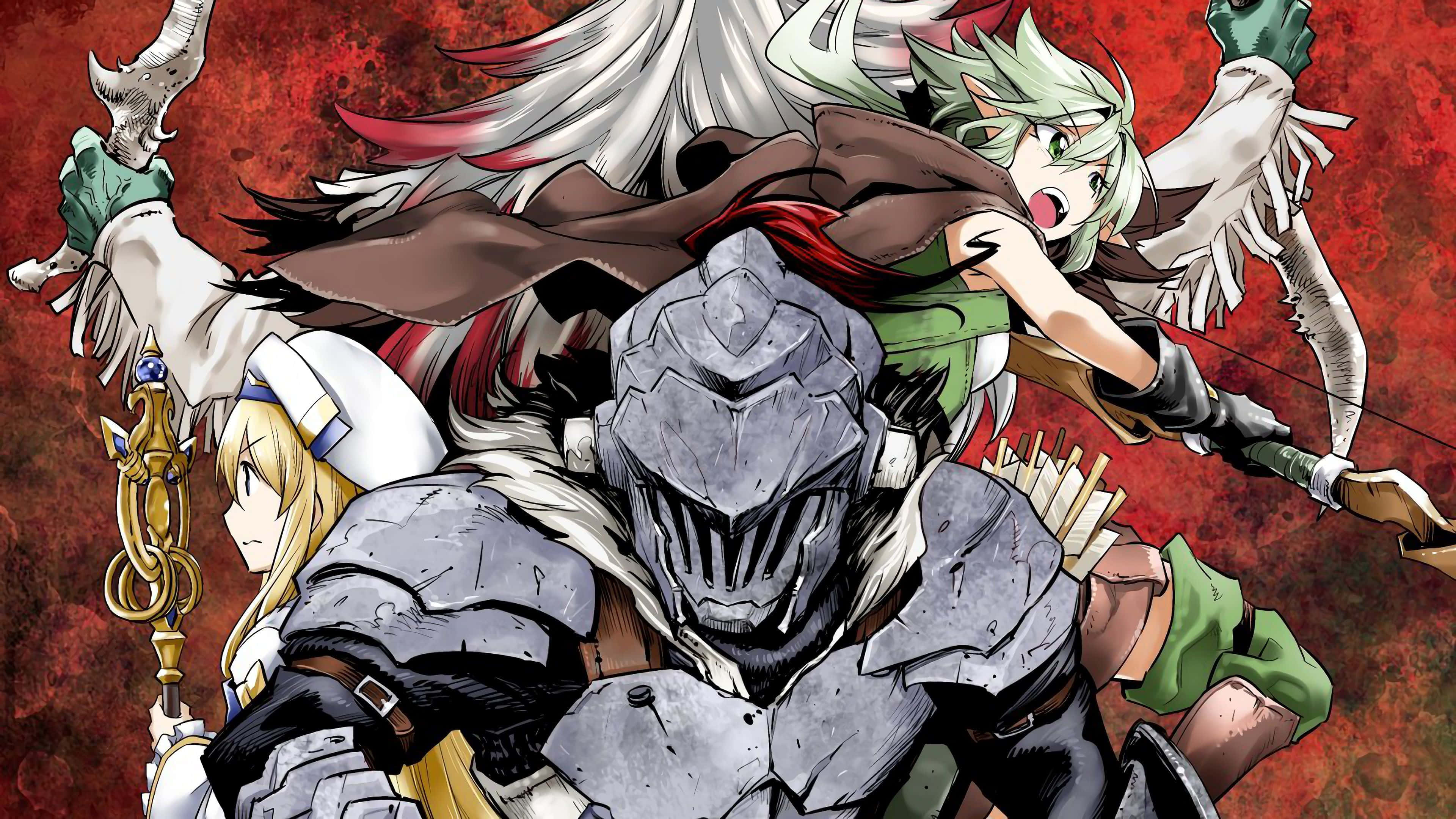 Goblin Slayer 桌布 壁紙 — 三個動漫角色在紋理紅色背景上擺出動態戰鬥姿勢。