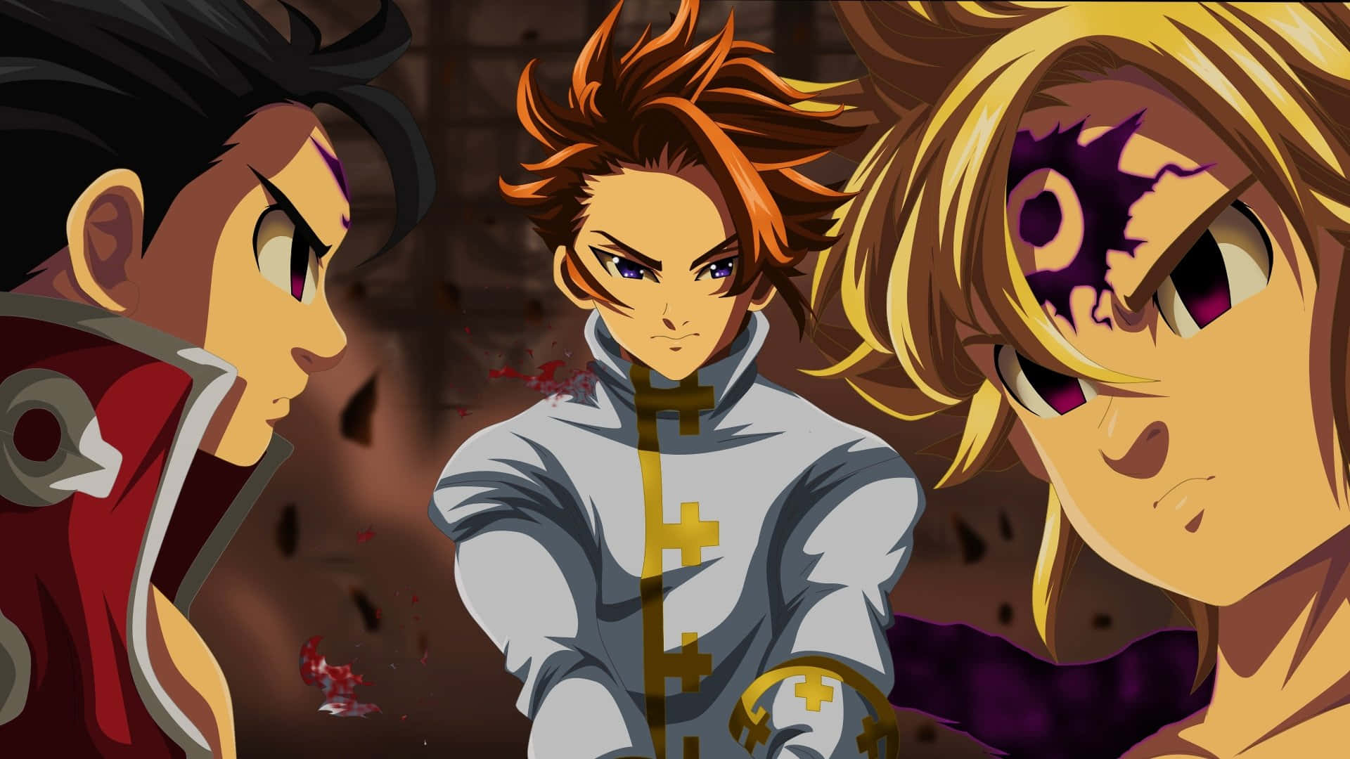 Seven Deadly Sins Arthur Pendragon 桌布 壁紙 — 三個動漫角色在緊張對峙中，帶有血跡和強烈表情。