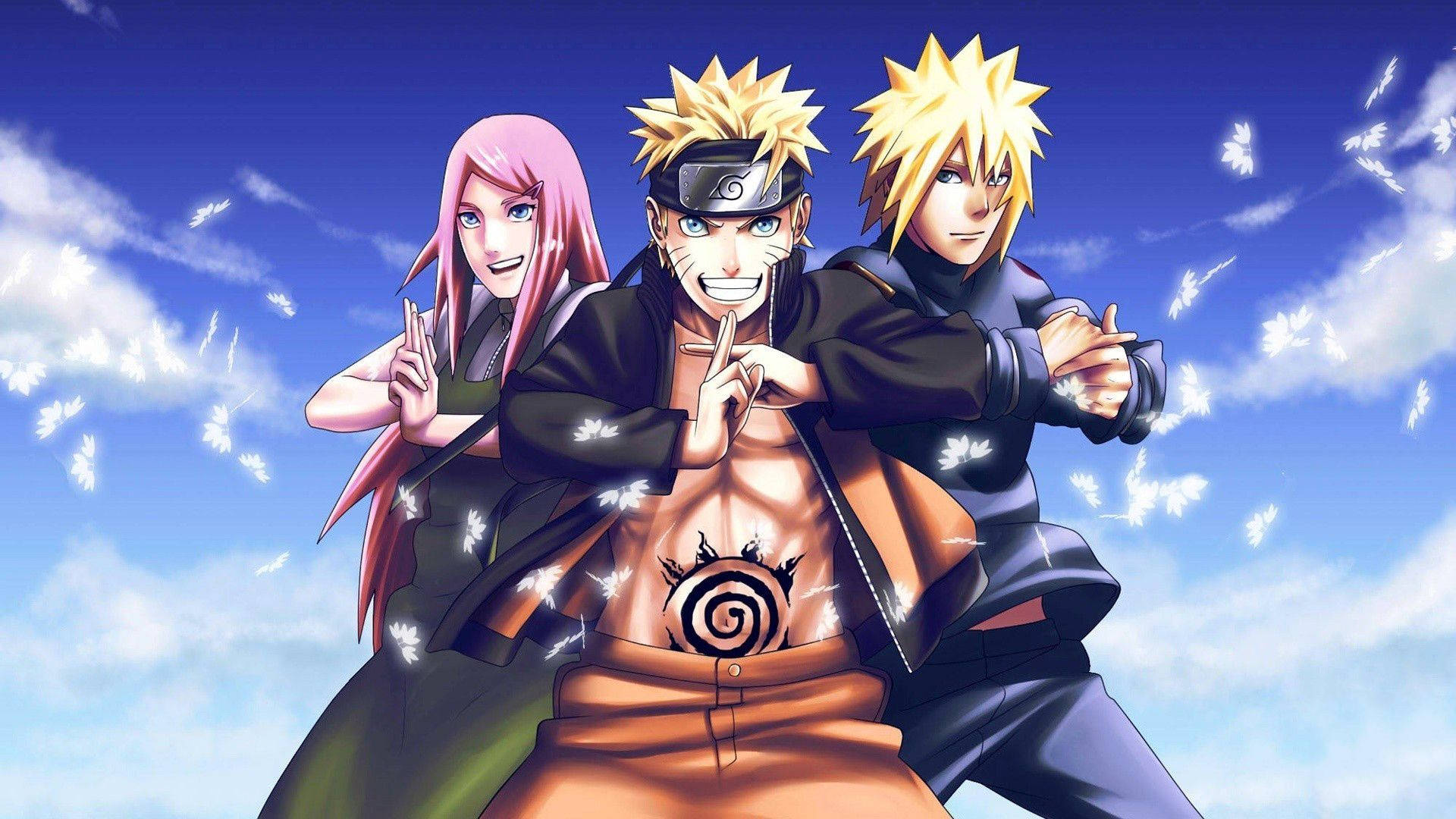 Anime Naruto 桌布 壁紙 — 三個動漫角色在藍天白雲和飄落花瓣的背景下自信地擺姿勢。