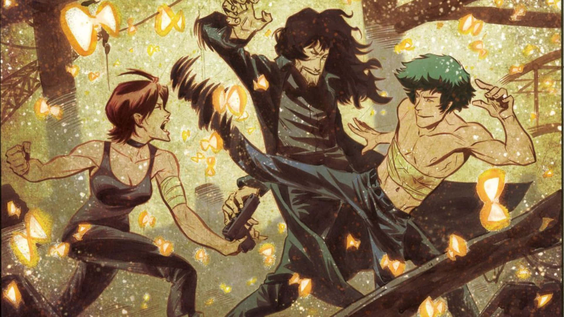 Cowboy Bebop Electra 桌布 壁紙 — 三個動漫角色在骯髒的城市小巷中，於漂浮的沙漏粒子間動態戰鬥。