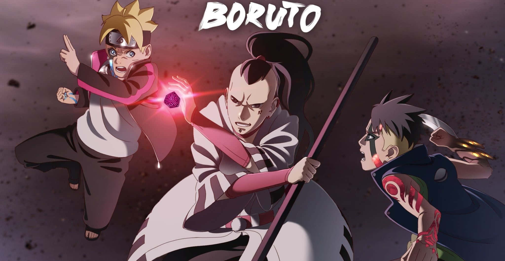Boruto Vs Kawaki 桌布 壁紙 — 三個動漫角色在黑暗粗糙的背景中，以發光能量效果動態戰鬥。