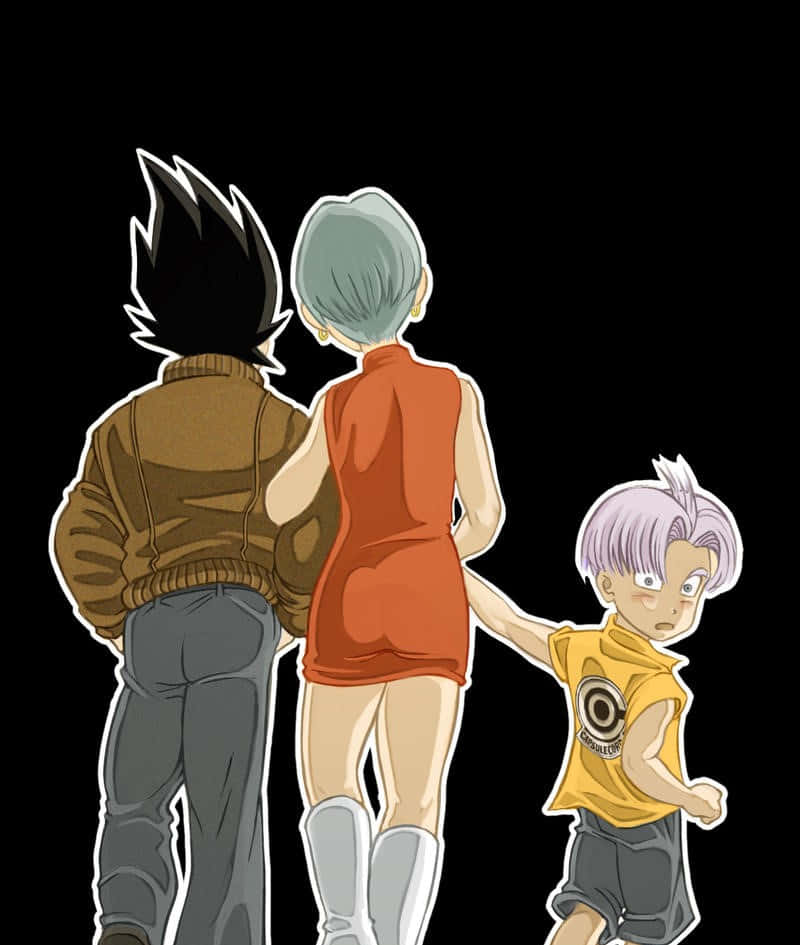 Vegeta's Family 桌布 壁紙 — 三個動漫角色從背後觀看，背景為黑色，小孩回頭越過肩膀看。
