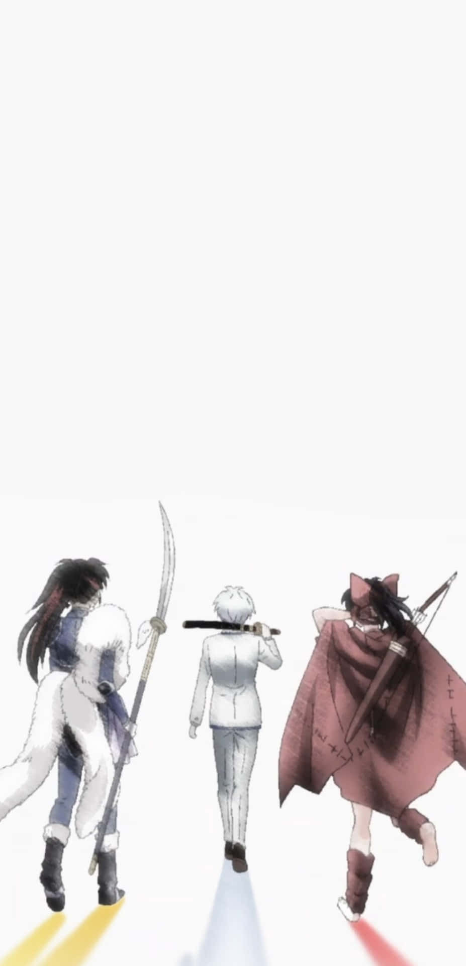 Setsuna 桌布 壁紙 — 三個動漫角色手持武器，在純白背景上走開，腳下帶有彩色光跡。