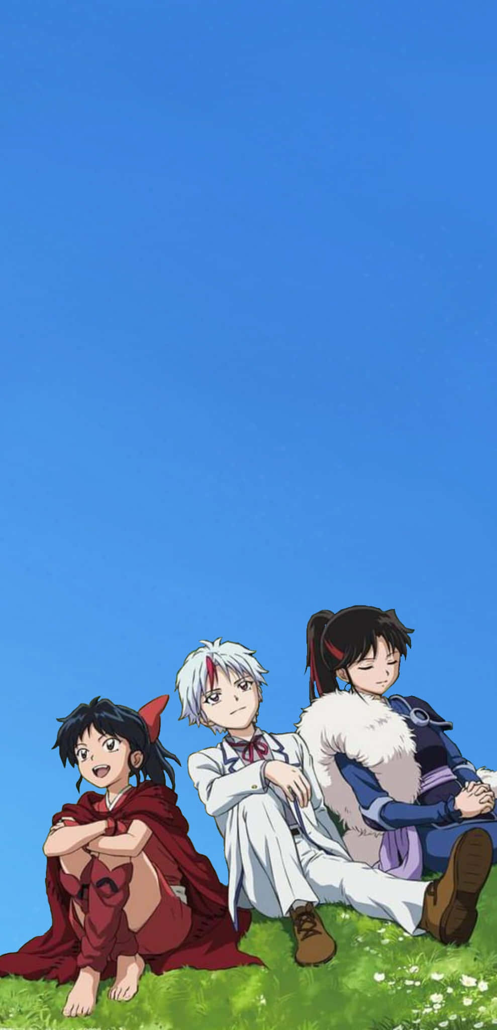 Setsuna 桌布 壁紙 — 三個動漫角色放鬆地坐在草地上，頭頂是廣闊清澈的藍天，點綴著白色花朵。