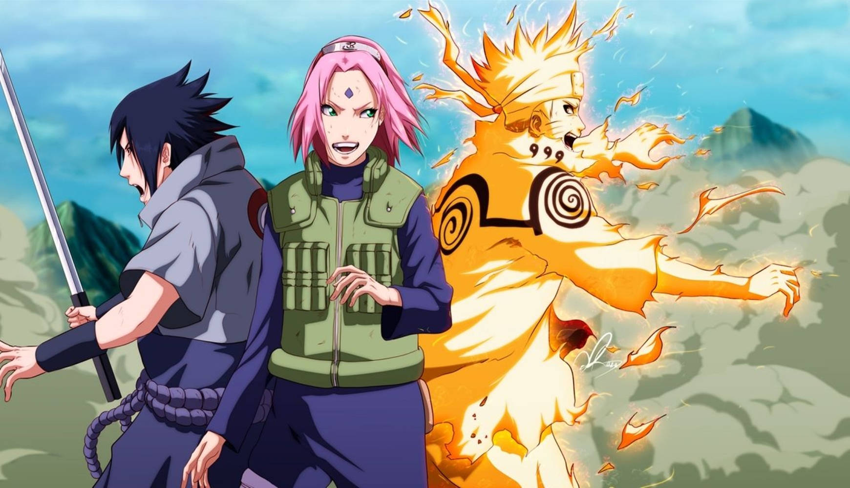 sasuke uchiha 桌布 壁紙 — 三個動漫角色準備戰鬥，其中一個在山巒天空背景下發出橙色查克拉光芒。