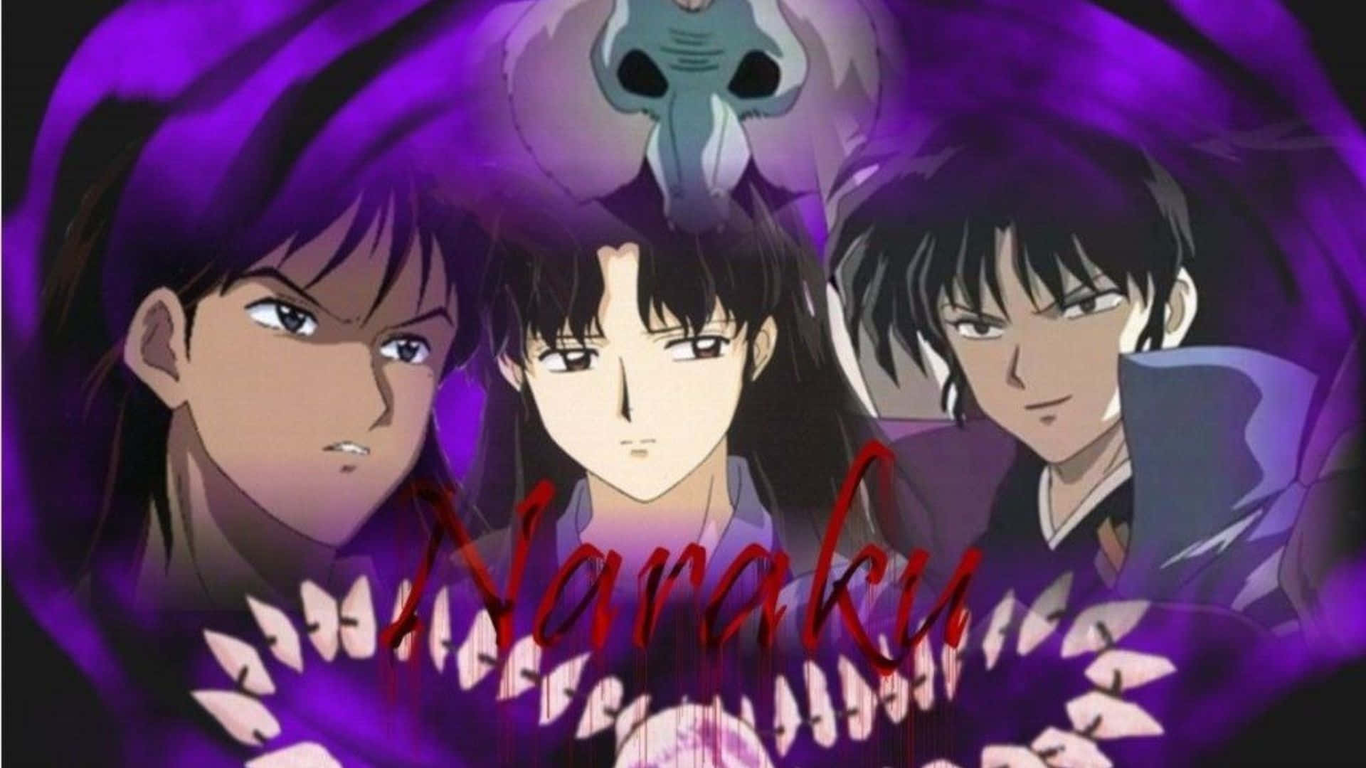 Naraku 桌布 壁紙 — 三個動漫角色直視前方，背景是一個旋轉的紫色漩渦，上面有一個骷髏頭和紅色的 Naraku 字樣。