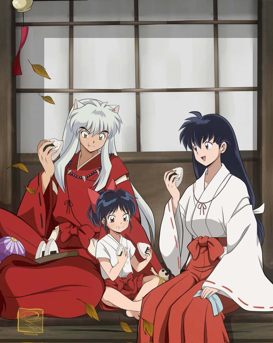 Inuyasha And Rin 桌布 壁紙 — 三個動漫角色穿著傳統日本服裝坐在榻榻米地板上分享茶，秋葉飄過障子屏風。