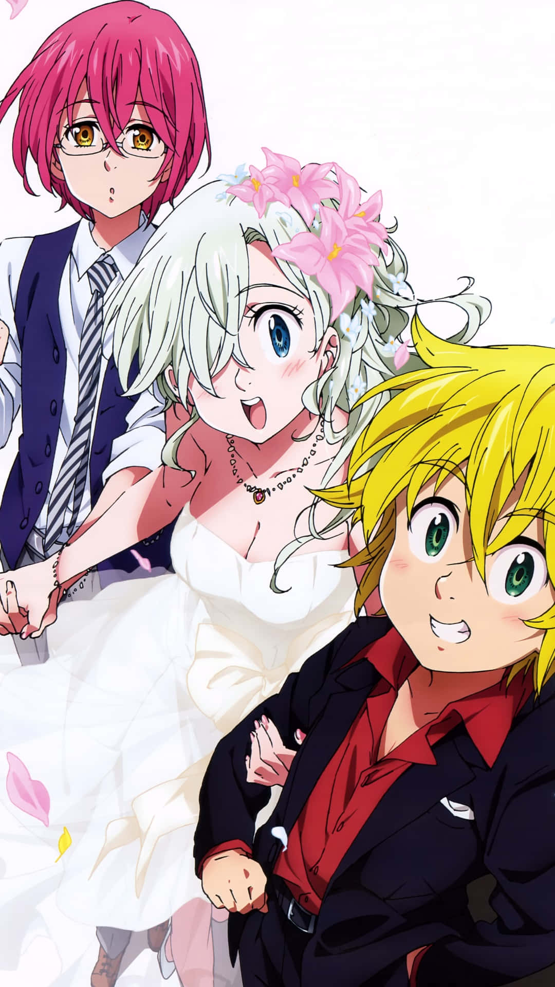Seven Deadly Sins Elizabeth Liones 桌布 壁紙 — 三個動漫角色穿著婚禮服裝，在純白色背景上開心地擺姿勢，帶有粉紅色花卉點綴。