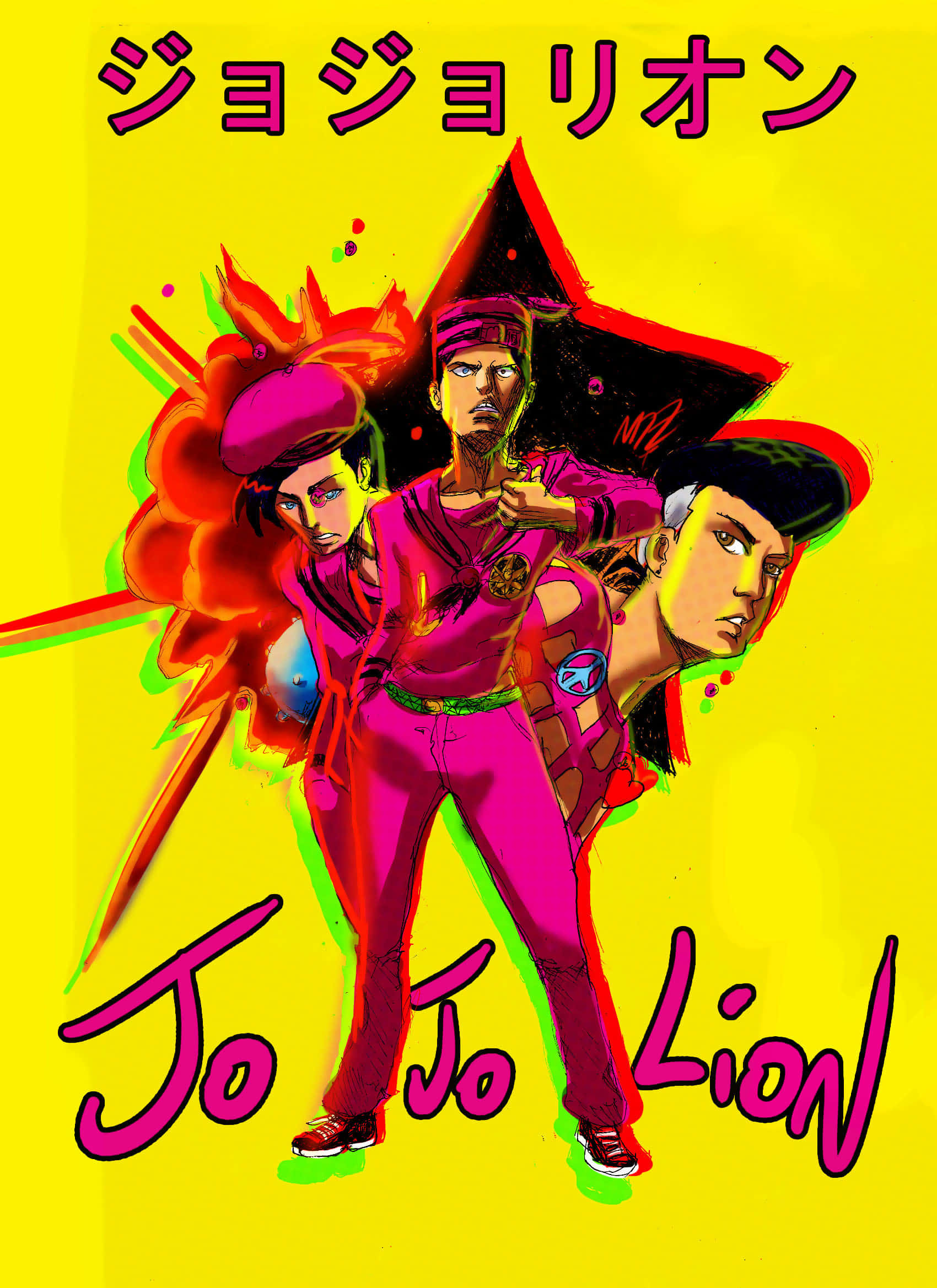 Jojolion 桌布 壁紙 — 三個動漫角色穿著鮮豔的粉紅色服裝，在明亮的黃色背景上動態站立，背景上有大膽的紅色星星和文字。