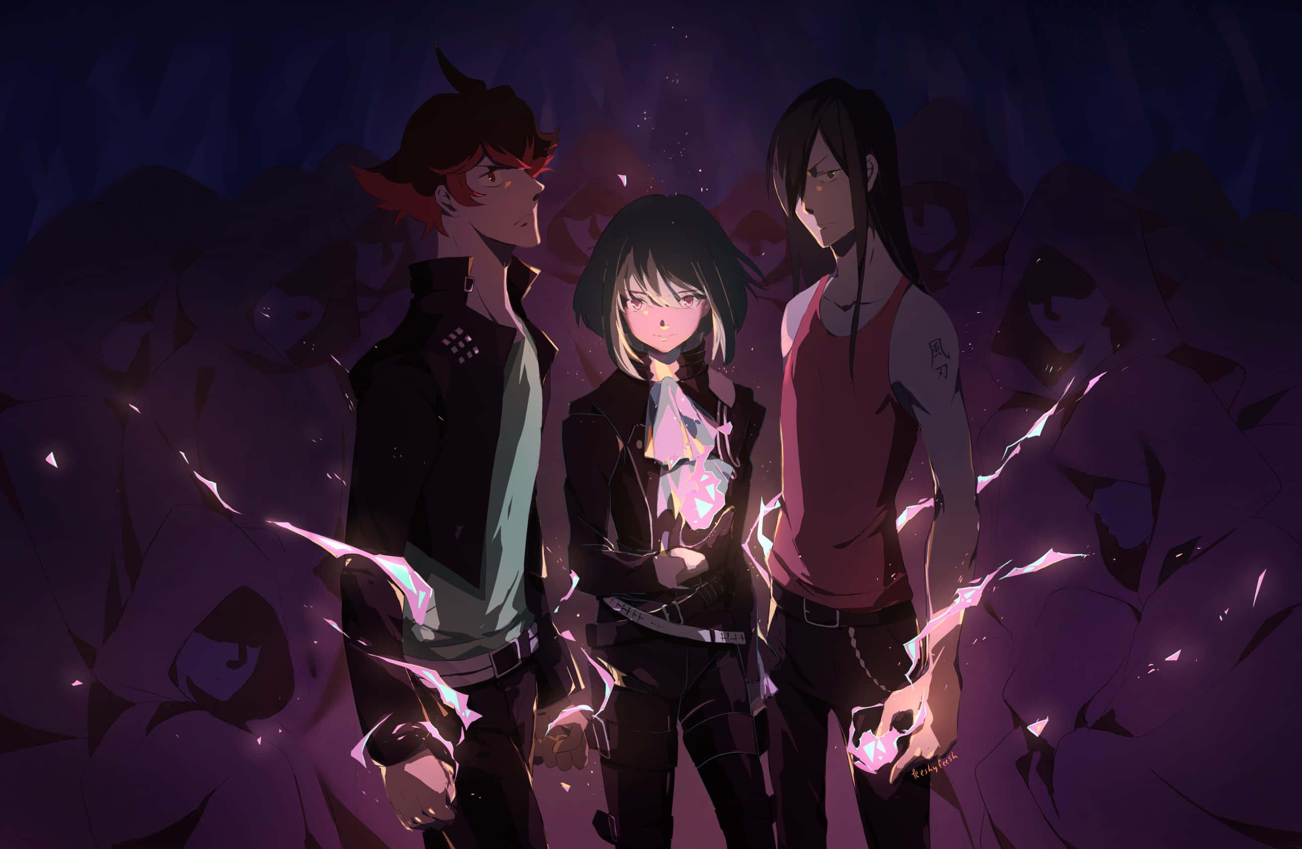 Promare 桌布 壁紙 — 三個動漫角色站在一個深紫色的虛空中，周圍有發光的粉紅色能量在噼啪作響。
