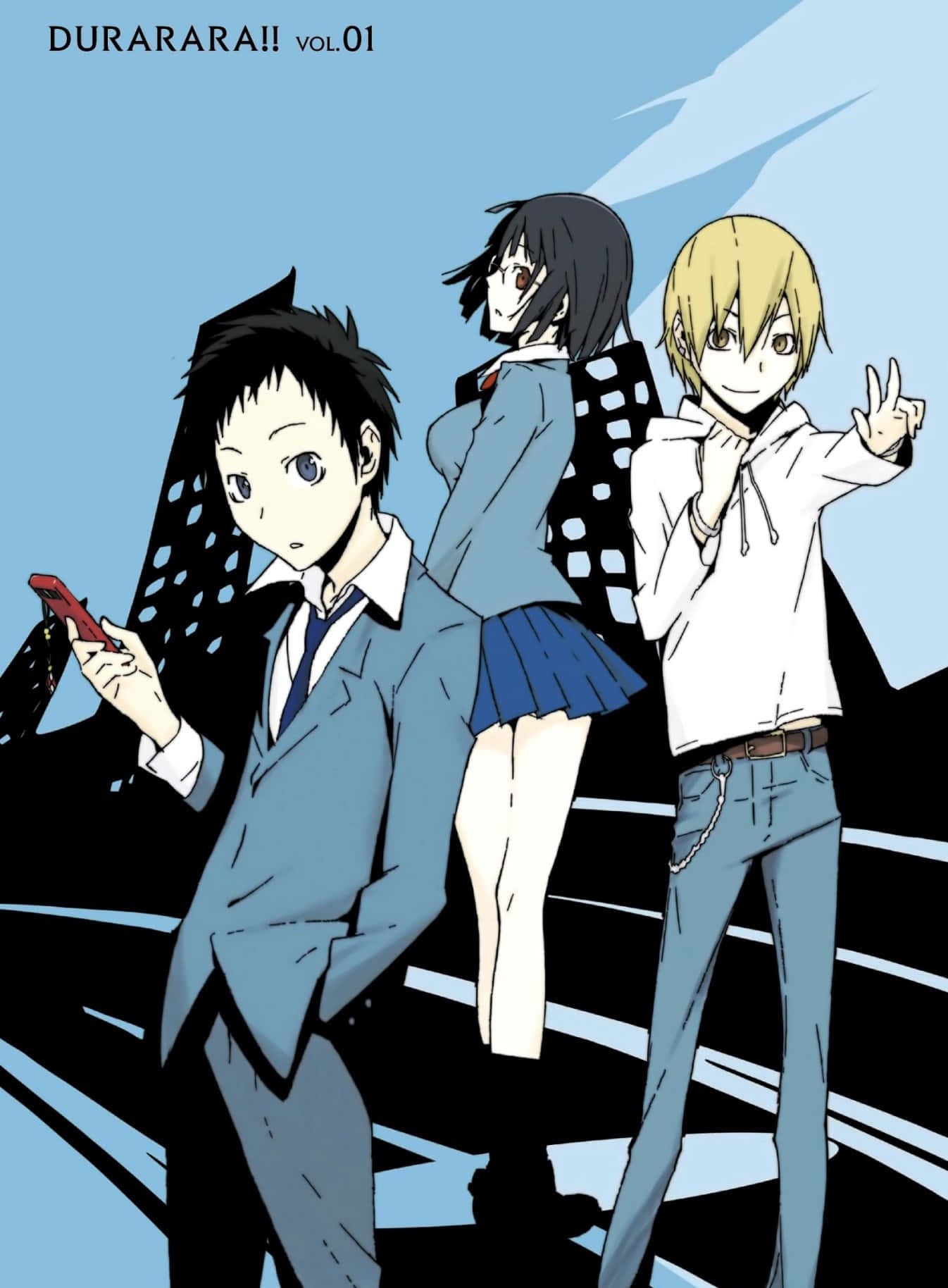 durarara 桌布 壁紙 — 三個動漫角色站在一個風格化的藍色和黑色背景前，帶有動態線條和粗體輪廓。