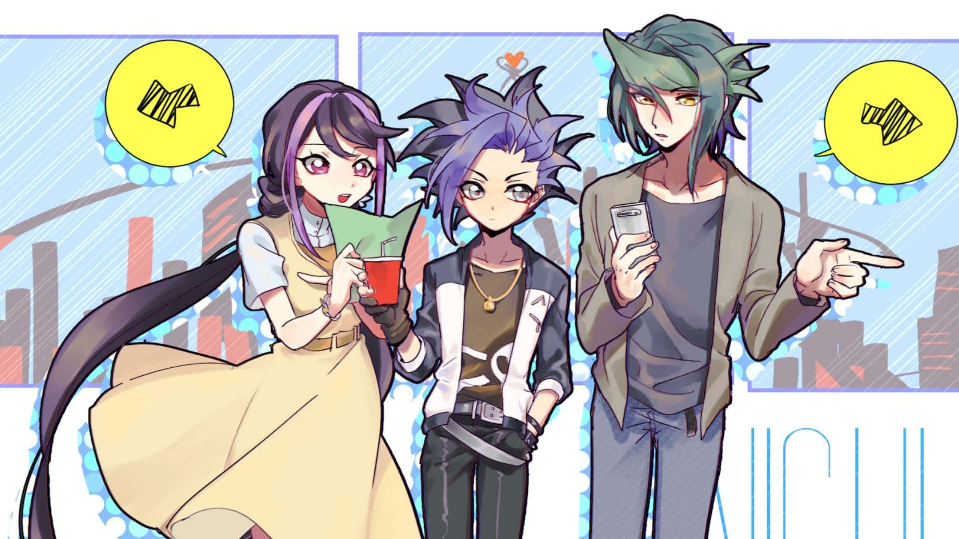 Yu-gi-oh Yuto 桌布 壁紙 — 三個動漫角色站在城市景觀中，一個拿著飲料，另一個拿著電話，頭頂有對話氣泡。