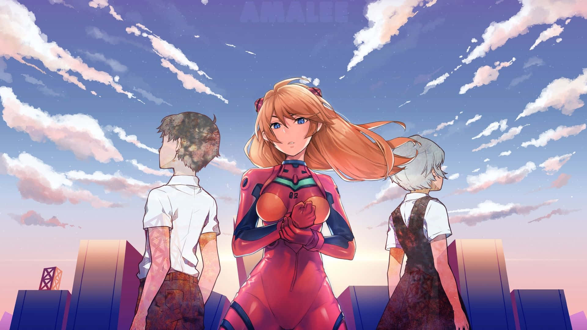 rei ayanami 桌布 壁紙 — 三個動漫角色站在日落時分的城市天際線上，天空呈現粉紅色和藍色，並有縷縷雲彩。
